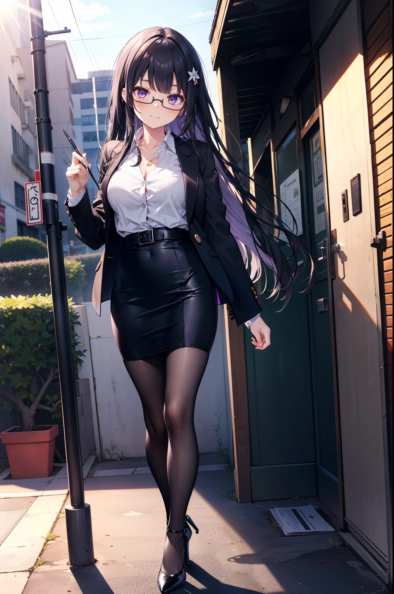 Takiuchi, Inoue Check, Long Hair, bangs, Black Hair, (Purple eyes:1.2),smile,
OL, Akagi Glasses, Black suit jacket, Collared jacket, White dress shirt, Collared shirt, Neckline, button, Black pencil skirt, Black Pantyhose,Stiletto heels,The sun is rising,It&#39;s as if your whole body is in the illustration.., break outdoors,city,area,シティストリート break looking at viewer, (Cowboy Shot:1.5), break (masterpiece:1.2), highest quality, High resolution, unity 8k wallpaper, (shape:0.8), (Beautiful details:1.6), Highly detailed face, Perfect lighting, Extremely detailed CG, (Perfect hands, Perfect Anatomy),