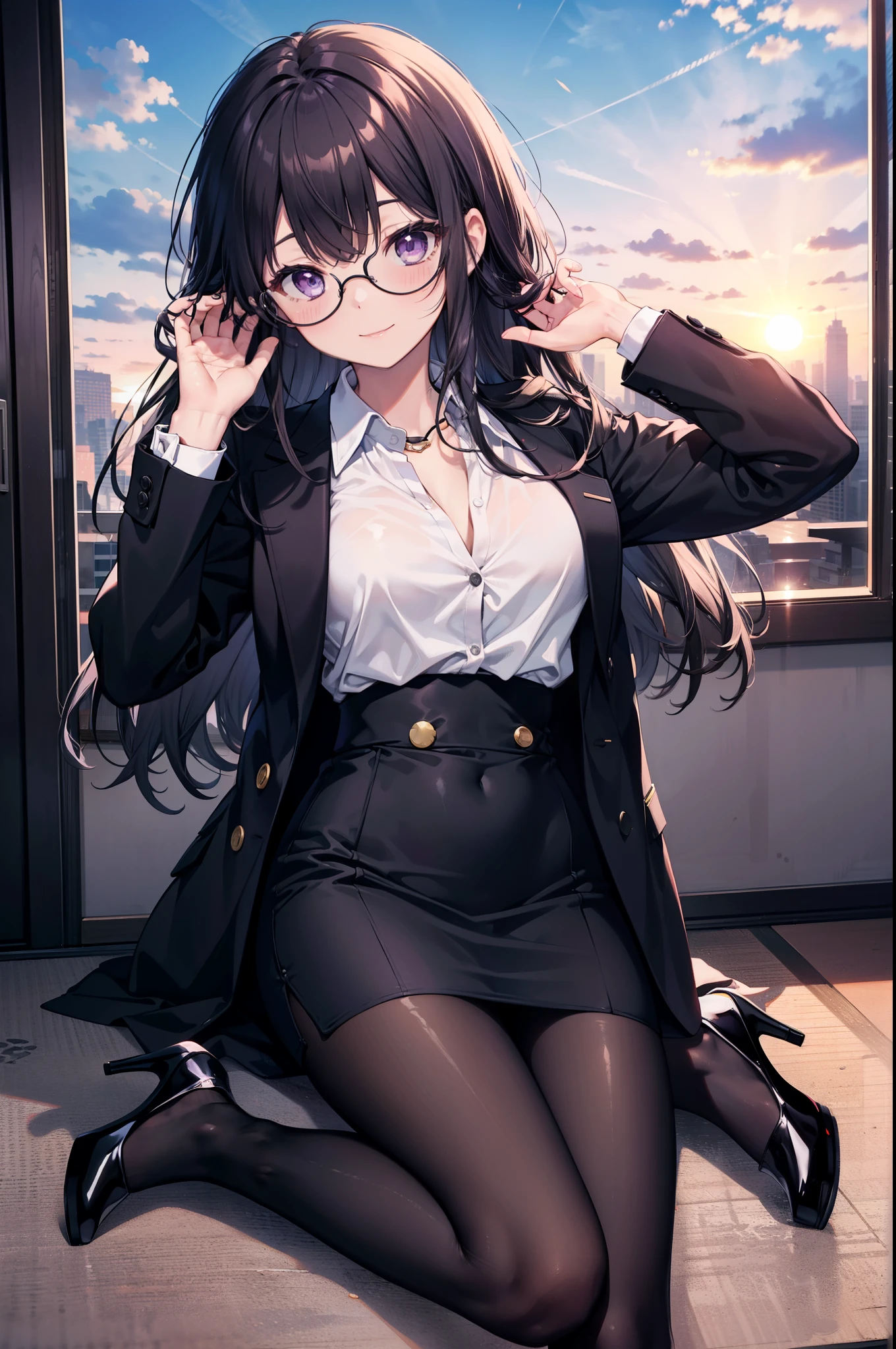 Takiuchi, Inoue Check, Long Hair, bangs, Black Hair, (Purple eyes:1.2),smile,
OL, Akagi Glasses, Black suit jacket, Collared jacket, White dress shirt, Collared shirt, Neckline, button, Black pencil skirt, Black Pantyhose,Stiletto heels,The sun is rising,It's as if your whole body is in the illustration.., break outdoors,city,area,シティストリート break looking at viewer, (Cowboy Shot:1.5), break (masterpiece:1.2), highest quality, High resolution, unity 8k wallpaper, (shape:0.8), (Beautiful details:1.6), Highly detailed face, Perfect lighting, Extremely detailed CG, (Perfect hands, Perfect Anatomy),