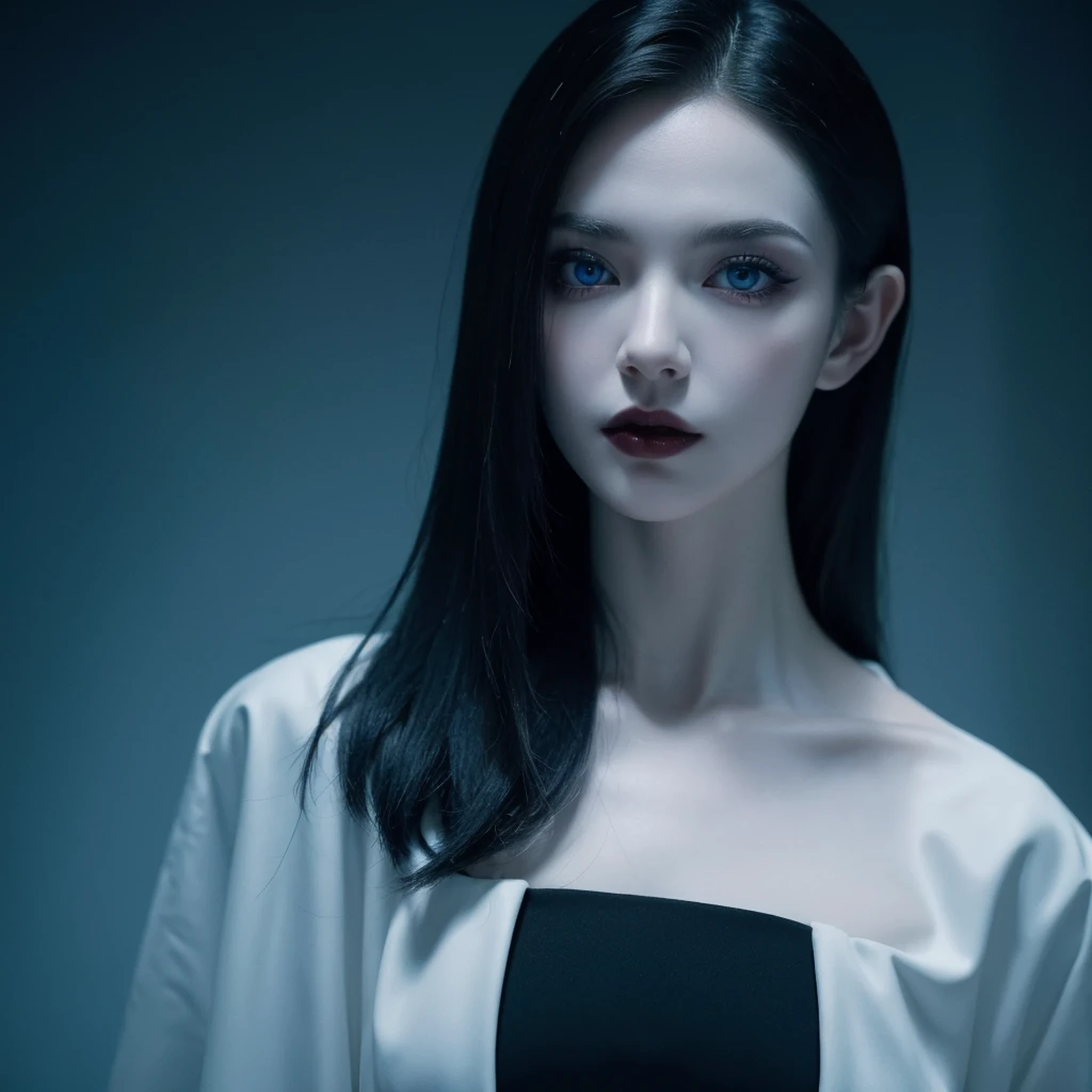 ((masterpiece)), ultra-realistic, portrait of a beautiful pale-skinned vampire with (black enamel), a deep dark makeup, bright blue eyes, in a dark and gloomy environment. (Prompt is in Portuguese)