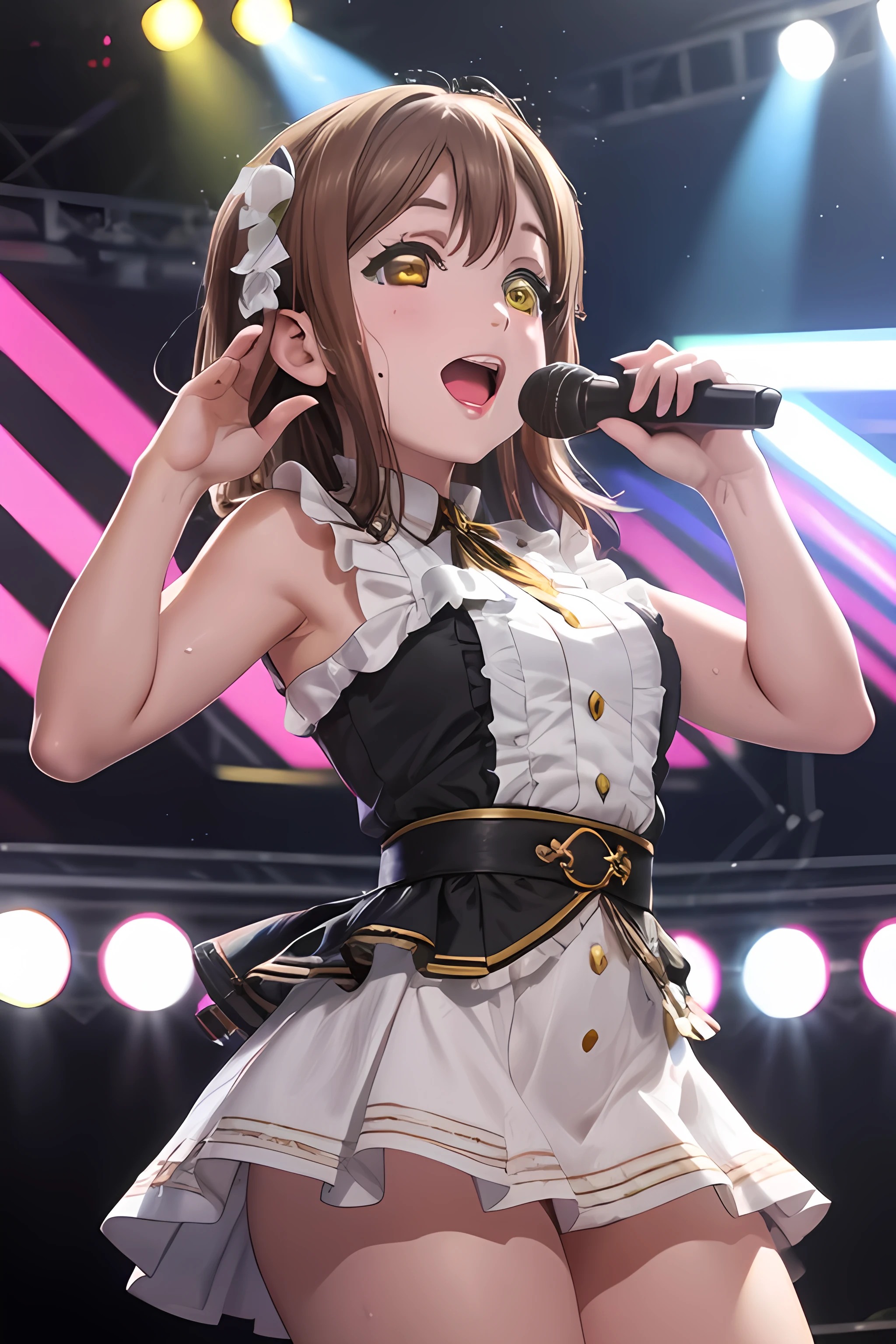 (masterpiece, best quality),
1girl, singing, dancing,
BREAK girl, hanamaru kunikida, ultra detailed eyes, smile, open mouth, sweat,
BREAK idol costume, 
BREAK idol stage, spot light
