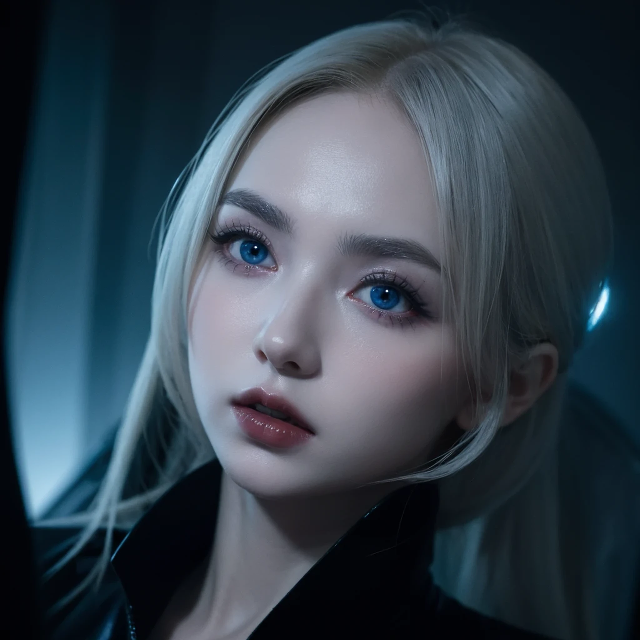 ((masterpiece)), ultra-realistic, portrait of a beautiful pale-skinned vampire with (black enamel), a deep dark makeup, bright blue eyes, in a dark and gloomy environment. (Prompt is in Portuguese)