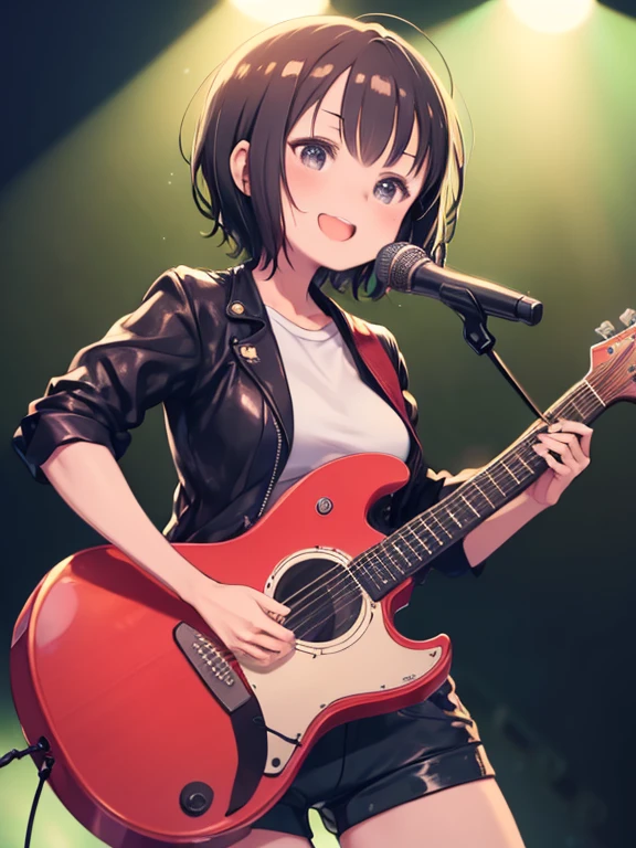 (masterpiece, highest quality:1.4), Noriko Fukuda, Large Breasts, short hair, shirt, smile,leather jacket,Short shorts、live house、concert、On stage、Playing electric guitar、singing、Sweat、Spotlight、Singing passionately、Spectators、