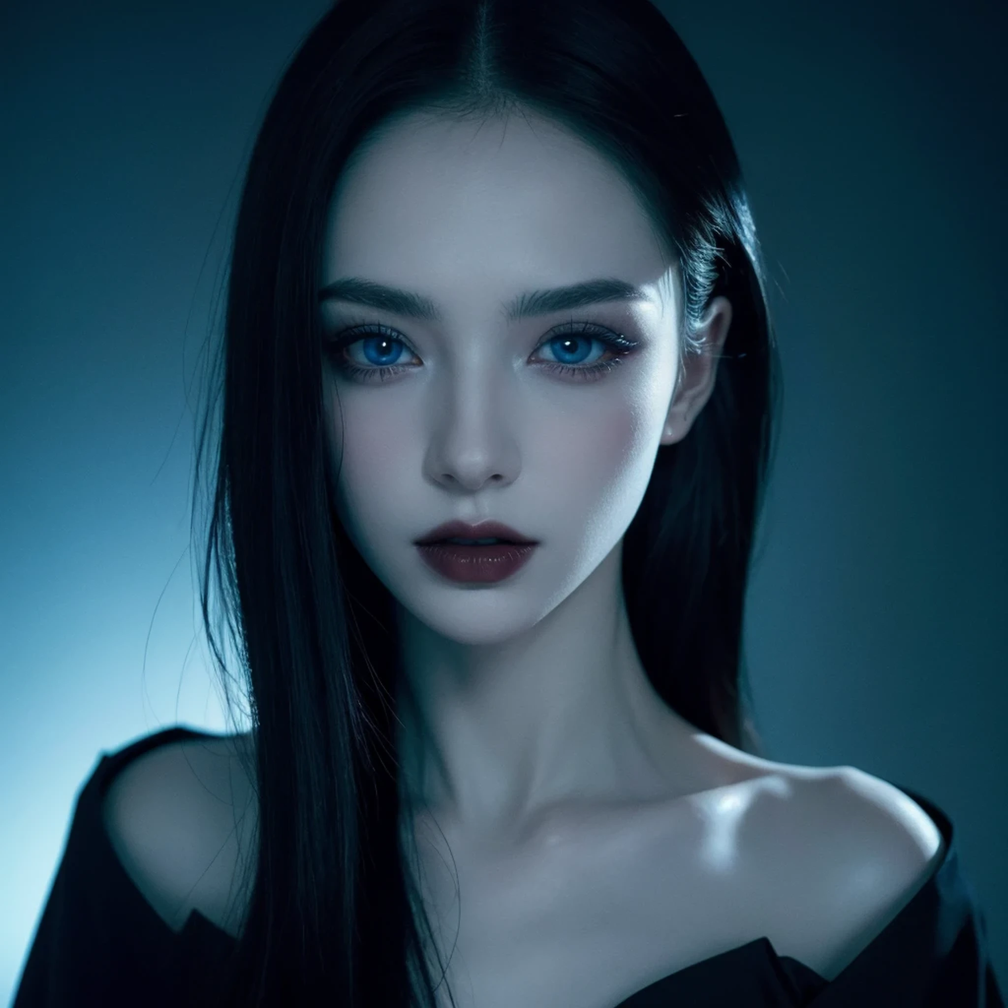 ((masterpiece)), ultra-realistic, portrait of a beautiful pale-skinned vampire with (black enamel), a deep dark makeup, bright blue eyes, in a dark and gloomy environment. (Prompt is in Portuguese)