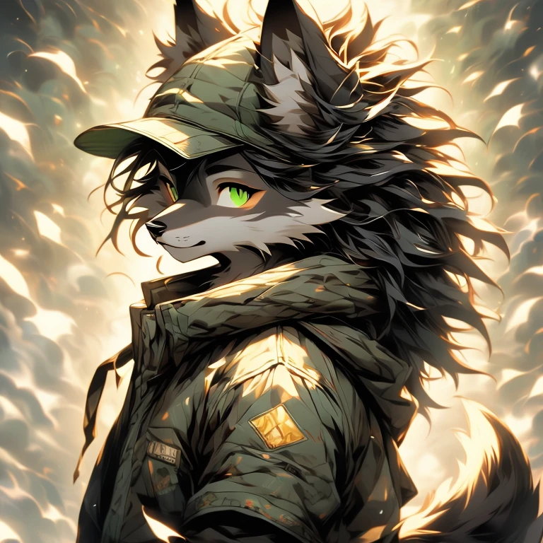 ( Absurdly , High quality , ultra detailed ) ,( hand detailed ) , 1girl, solo, mature, sfw (wolf boy) (wolf girl) (10-year-old (female black wolf child), (bright green eyes), ((black fur, extremely long black hair))) (11-year-old (boy brown wolf child), (bright gold eyes), ((brown fur, short messy brown hair))) ((wolf girl yellow dress, newsboy-cap)) ((wolf boy gray-green jacket, khaki pants, hood down)) Fluffy anthropomorphic wolf, Fluffy wolf nose, wolf tail, Body fur, (detailed eyes)