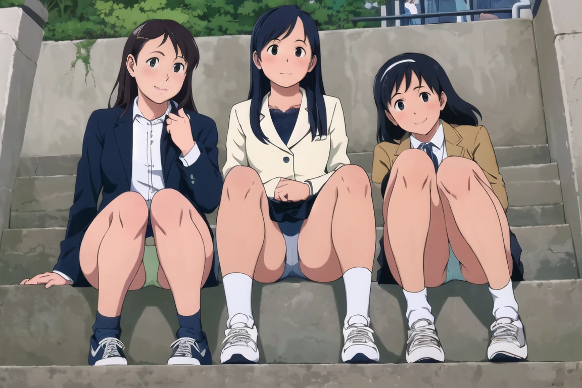 highest quality, Ultra-high resolution, (Realistic: )2D official style cel animation,((three girls sitting in a row))Navy blue mini skirt,Navy blazer,(Lace panties),hair band、Shortcuts、loose socks,sneakers,Full body portrait,(From below),Station stairs,sunny、blush、Spread your legs、from the front