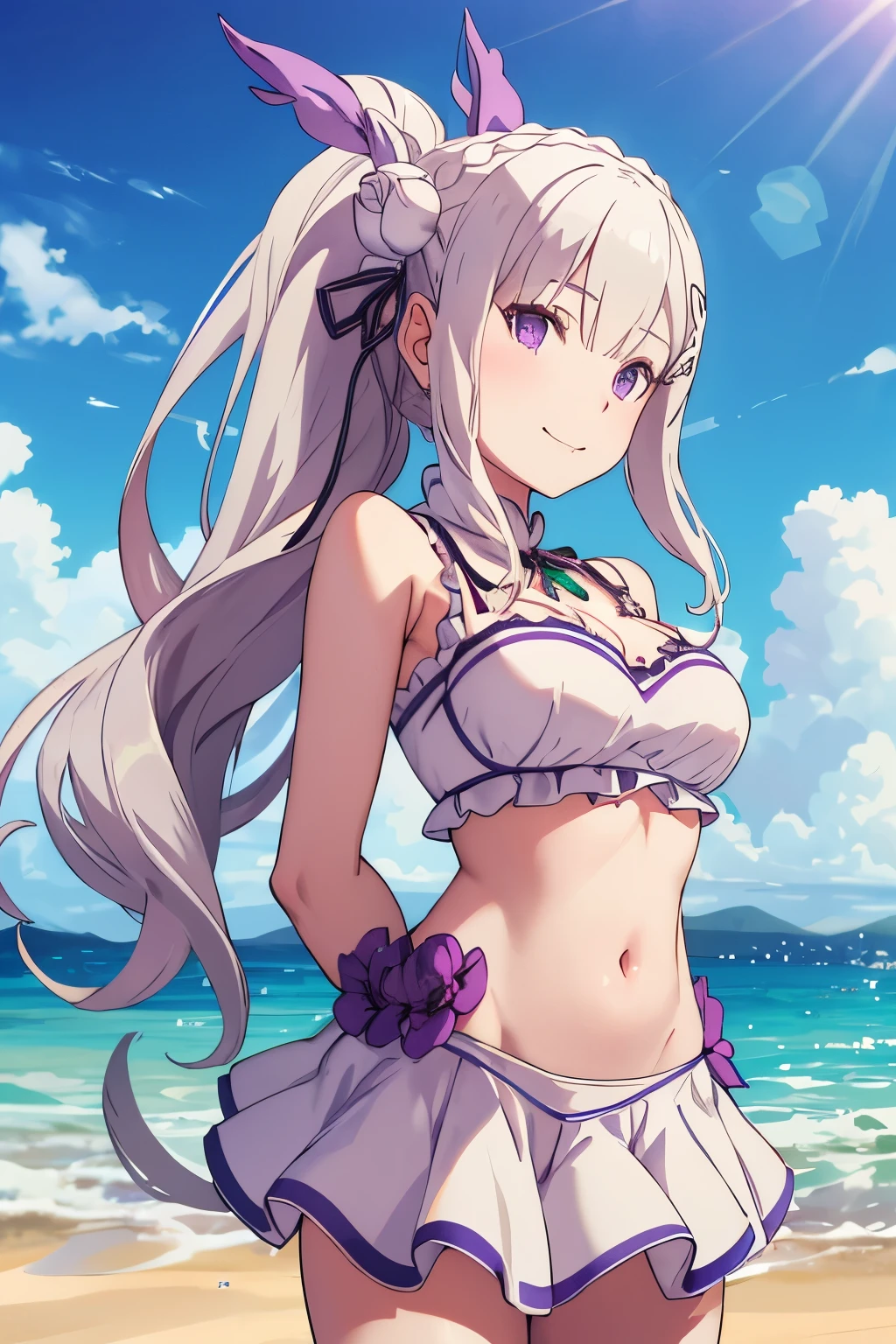 Emilia re:zero, purple eyes, Emilia, crown braid, x hair ornament, flower hair ornament, white hair, long hair, medium breasts, (masterpiece, best quality:1.2), solo, 1girl, medusasummer, slight smile, looking at viewer, arms behind back, ponytail, hair ribbon, frilled bikini, bikini skirt, beach 