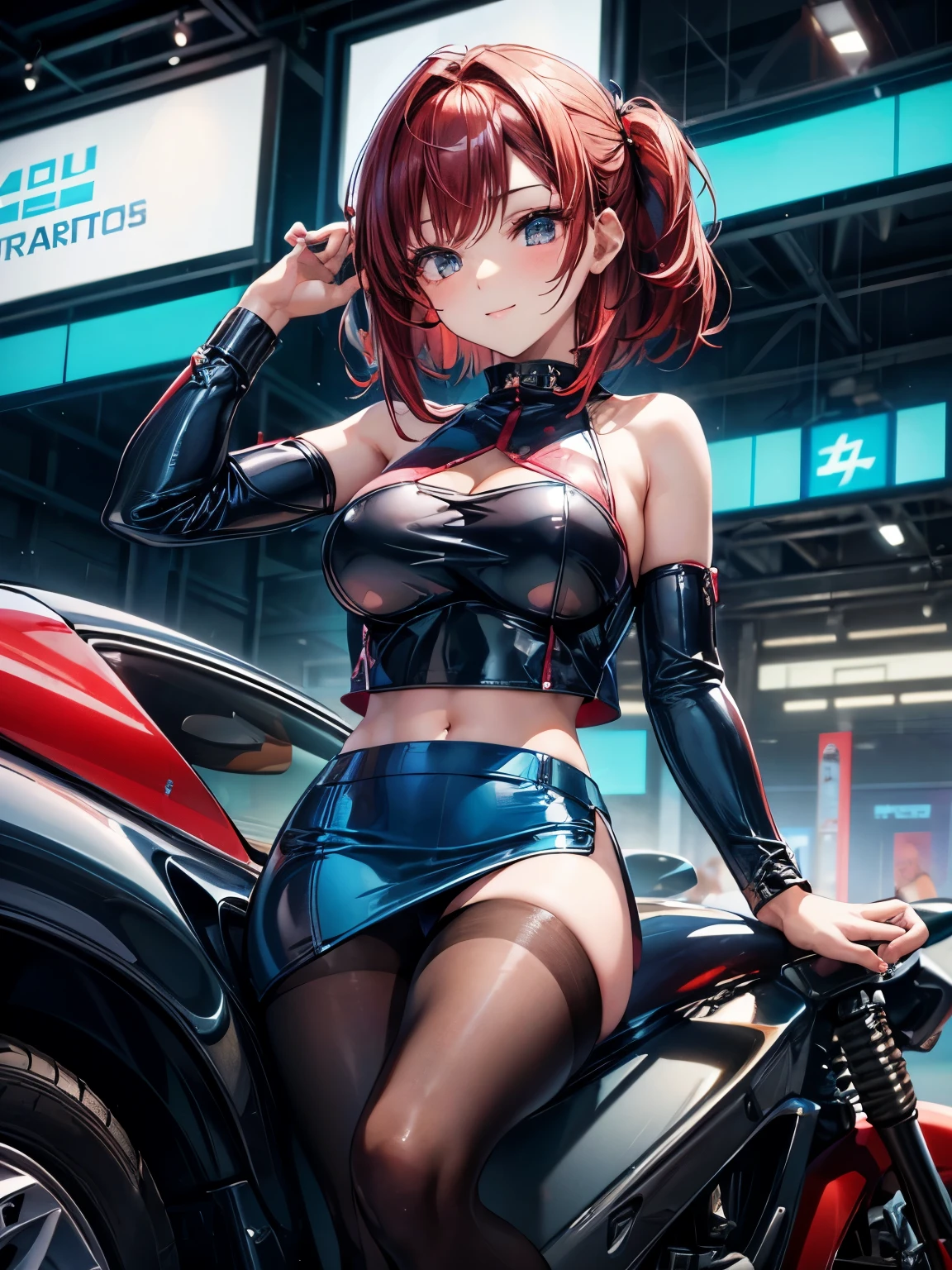 highest quality、Nice sexy body、One Woman、solo、(Beautiful busty woman:1.5)、Medium hair woman、((Woman with dark red hair))、Race Queen、Campaign girl、A woman wearing a blue patent leather short top、A woman wearing a top with a logo、A woman wearing a blue patent leather miniskirt、A woman wearing brown pantyhose、Standing woman、event venue、motor Show、smile、Sexy pose