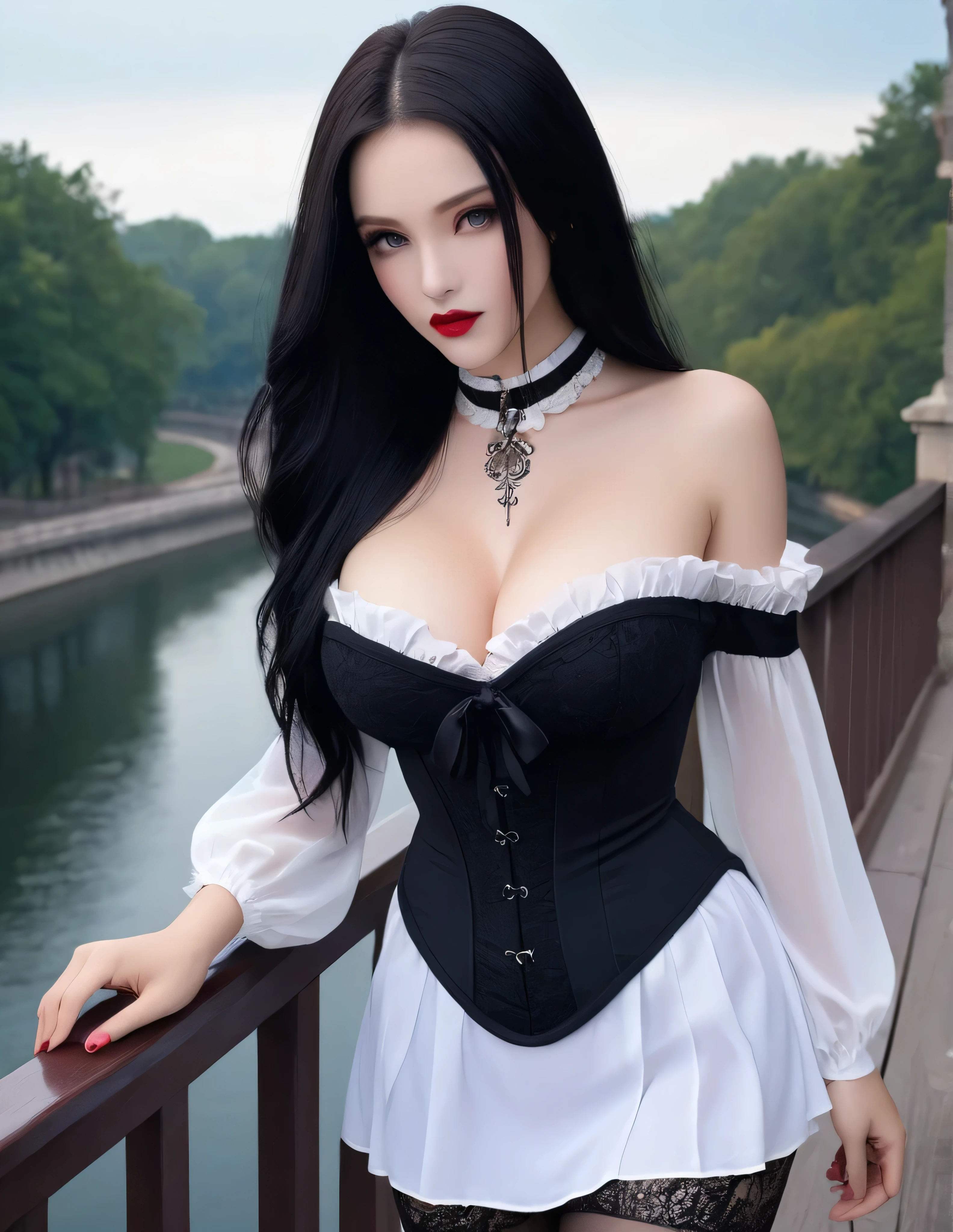 (masterpiece:1.2), (highest quality:1.2), Perfect Eyes, Perfect Face, Perfect lighting, One girl, Mature goth girl woman standing with hands out in front of her, Long Hair, Complicated hairstyle, compensate, Black Lips, Thick eyelashes, sad, melancholy, Dressed as a goth girl, Black and white dress, Frills, ribbon, Puffy sleeves, Exposing shoulders, Lace choker, jewelry, peaceful, quiet, Chill, Detailed outdoor background, Beautiful Landscape, Fantasy, summer, sunny, Sunburned, Flowers, wood , masterpiece), best quality, expressive eyes, perfect face ,beautiful blue eyes, mascara,white body skin, blushing face, beautiful smile, beautiful juicy black colured lipstick , Stick to dark colors or shades of black with subtle accents in neutrals or white. , open beautiful white neck,big beautiful curved breasts slim figured, curved back,Wear a collared off shoulder shirt with dark skirt or a black skirt of any length. Wear corsets for a dressy touch. Corsets are a staple of the feminine side of gothic fashion long legs, net net pantyhose, black heels, beautiful blue moon view background , beautiful thighs wearing heals in foot, standing on heels, full shot pic, contraappsto , standing on bridge