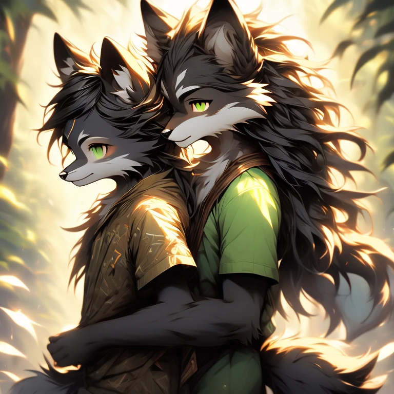 ( Absurdly , High quality , ultra detailed ) ,( hand detailed ) , duo, sfw, (wolf boy) (wolf girl) (10-year-old (female black wolf child), (bright green eyes), ((black fur, extremely long black hair))) (11-year-old (boy brown wolf child), (bright gold eyes), ((brown fur, short messy brown hair))) ((wolf girl yellow dress,)) ((wolf boy gray-green shirt, khaki pants)) Fluffy anthropomorphic wolf, Fluffy wolf nose, wolf tail, Body fur, (detailed eyes)