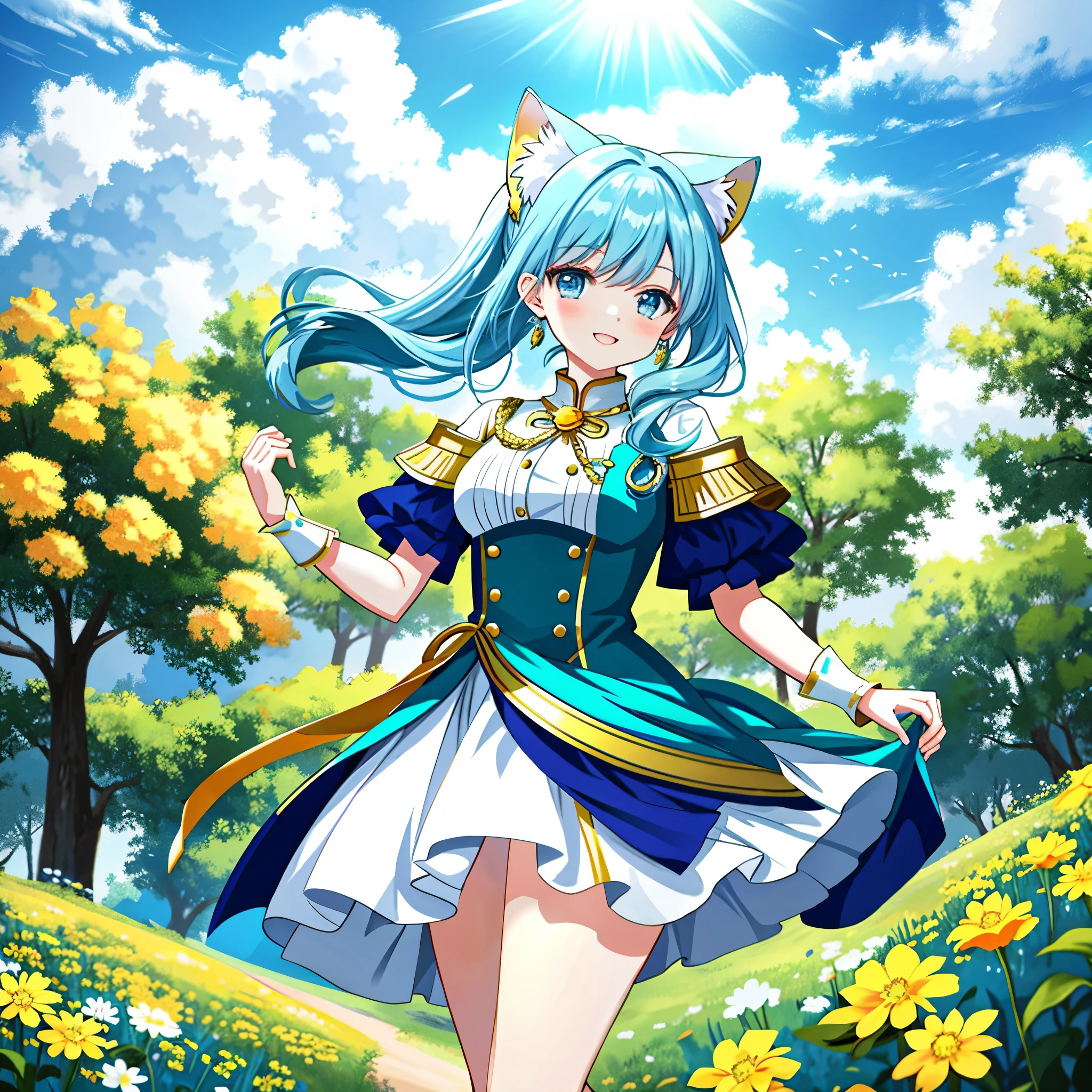 **Perfect AI Illustration Prompt**
- **Character**: Depict a single female character. She is a lively and active CGI anime girl with light skin color, blue hair, and blue eyes. Her hair is tied with a golden ribbon. She has the kemomimi and tail of a sand cat.
- **Costume**: She is wearing a , with a short skirt and white stockings. The costume colors are mainly blue and white, with gold accents.
- **Pose and Props**: She is in a dynamic pose, lifting her skirt slightly with one hand and holding a school textbook in the other. Her emotion is happy and she is smiling, creating a lively atmosphere.
- **Background**: The background is a garden full of yellow flowers under a sky that may have some clouds. The background colors are mainly green and blue, with yellow flowers as accents.
- **Style**: The style is a fusion of anime and manga, blurring the boundaries between fantasy and reality. It is a high-resolution official artwork or very detailed and elaborate fan art style that is trending on ArtStation or Pixiv. Please refer to the original paintings of Kushaart Krentz, feminine style, Fate style, Enako style, Nozomi Sasaki style. Also incorporate real anime 2.5D style or real anime girls style.
- **Quality**: Aim for absurd, highest quality, real, hyperreal, ultra-detailed illustrations using the golden ratio 1.2 and drafting board 1.3. Create a beautiful masterpiece with a large file size created in 64K, ultra-high resolution. The resolution of the face is also high, and the lighting is perfectly finished. The resolution is 8K, ultra-high resolution: 1.2, selectable high resolution (HD, 4K, 8K, 16K, etc.). The color bit depth is 24 bits, 48 bits.