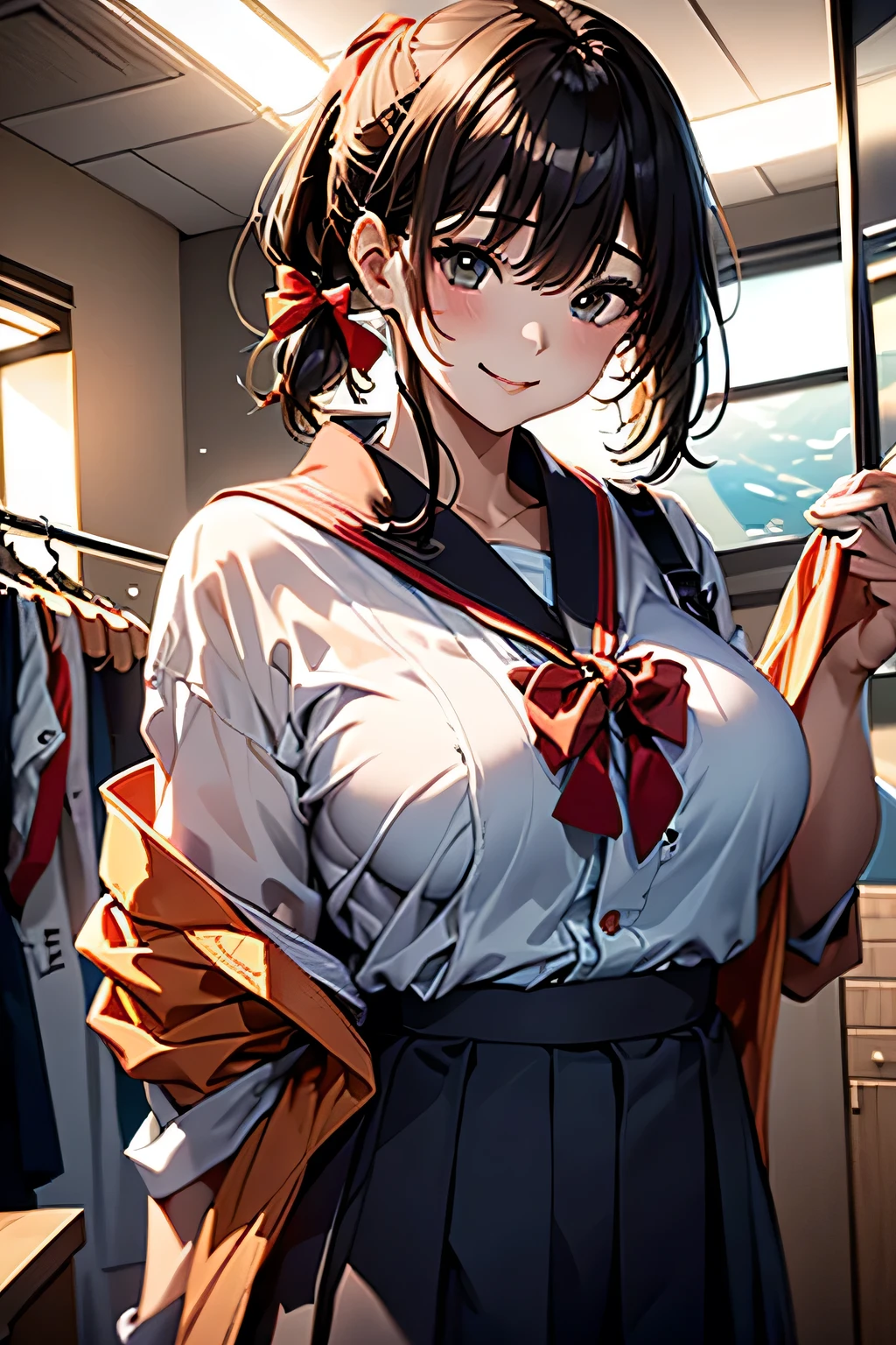 (((Adult women:1.3))),(((Changing clothes in the changing room:1.3))),(((Clothes on hangers:1.3))),(((Sailor suit))),(((Pleated skirt with exposed skin))),(Dark red bow tie:1.3),Cute face,Extreme close up of face,Shiny light brown and orange striped short hair,Messy ponytail,Cute Smile,Perfect round face,iris,(hairpin、ponytail、Floating Hair、),Large Breasts.Professional Lighting,Cinematic Light,(Tabletop,highest quality,Ultra-high resolution output images,) ,(8K quality,),(Ocean Art 2.0 Mode:1.3),(Picture Mode Ultra HD,)