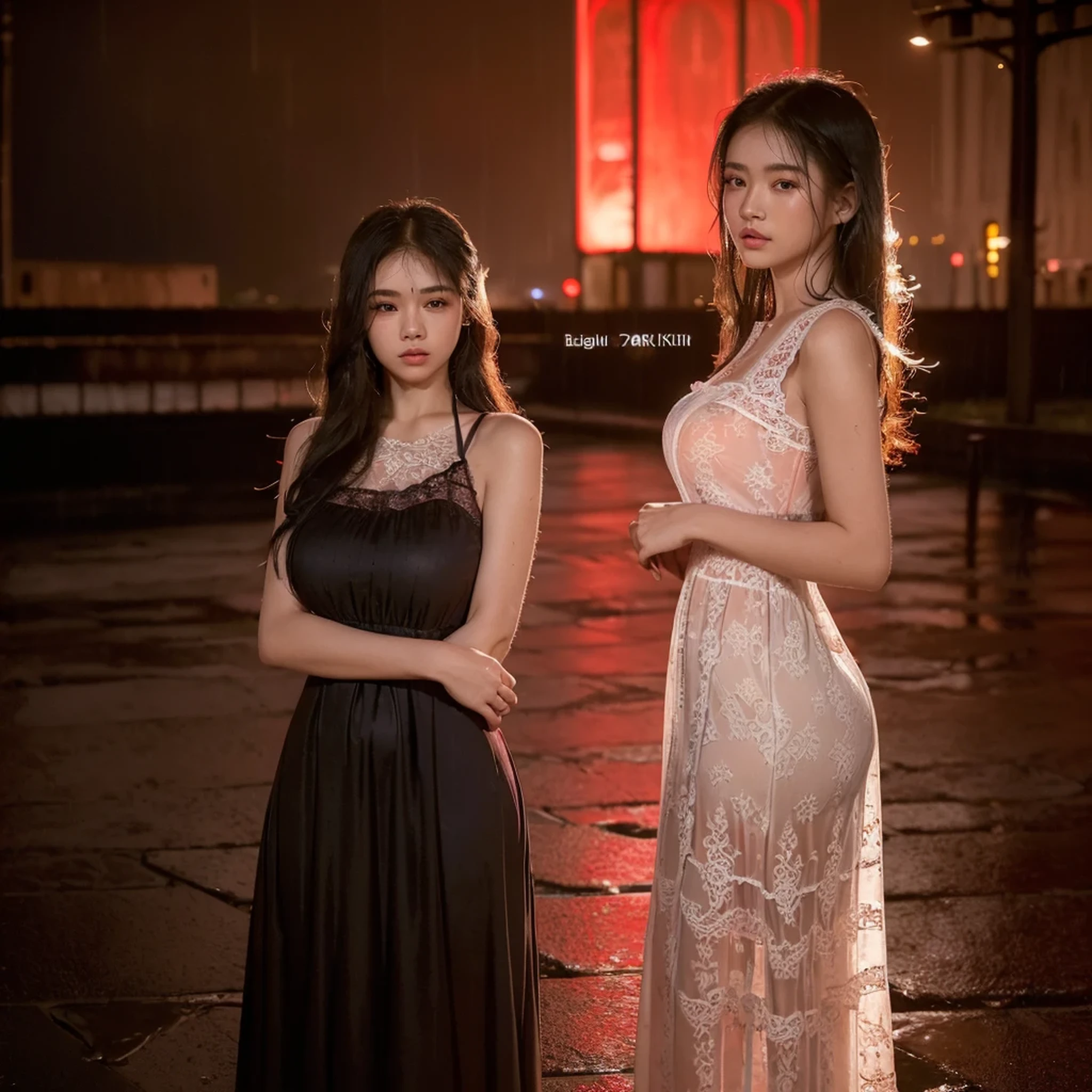 ((Best quality, 8k, lace maxi dress, standing in the rain, red light district, highly detailed face and skin texture, detailed eyes, double eyelids.)