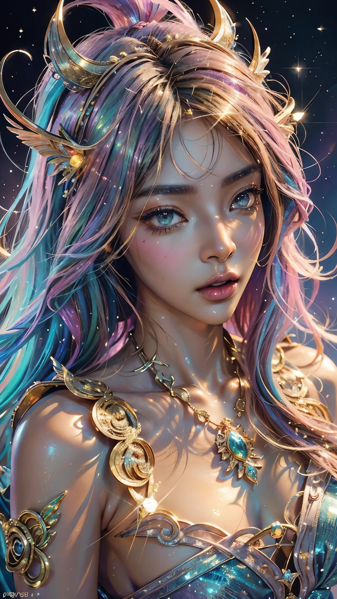 This is a highly detailed and semi-realistic fantasy art image with beautiful layers of shimmer, glimmering silks, and a glittering aesthetic. Create a beautiful and bold dragon woman. The woman resembles (((young Naomi Campbell))). She should have intricate and elegant horns, detailed and multi-colored scales, and a striking face. (((Her eyes are highly detailed with natural shading and realistic details.))) Include small and ornate details like smaller dragons and bright feathers. Use soft pastel hues with unexpected pops of bright color. Use compelling composition techniques and dynamic facial expressions to create a cinematic and unforgettable atmosphere. (((masterpiece))), (((best quality))), ((ultra-detailed)), (highly detailed CG illustration)
