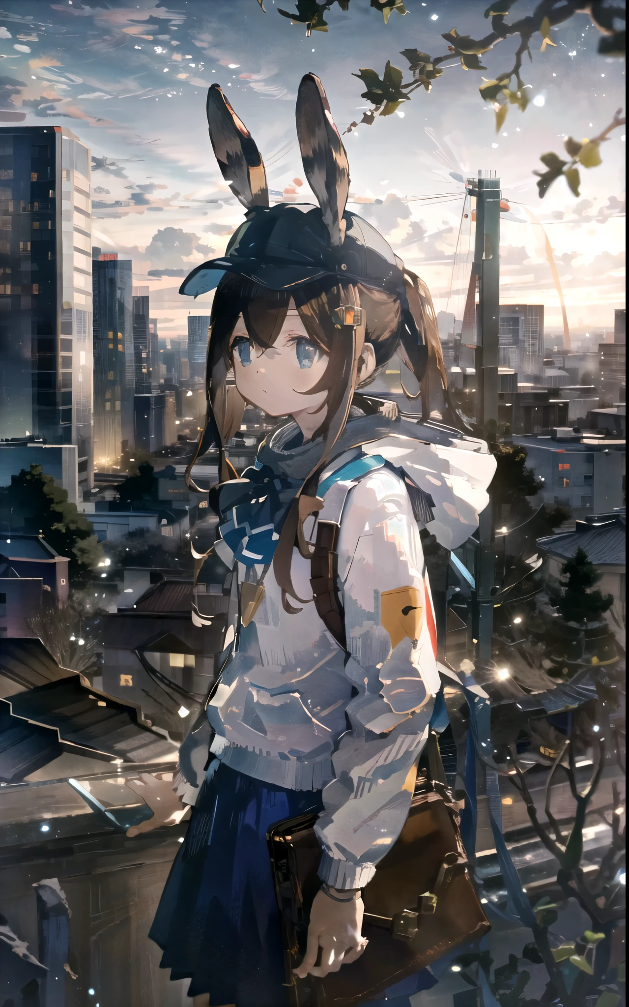 1 Girl, Animal ears, Rabbit ears, direct, Upper Body, Looking at the audience, Brown hair, Ponytail, Expressionless, badge, Bangs, Blue baseball cap, Delicate eyes, Clothes Writing, White clothes, hood, hood down, permanent, Long sleeve, Shut up, (Blue skirt:1.05), Solitary, (faint blush:0.9), bare Tree, architecture, City, Cityscape, sky, outdoor, sTreet, Tree