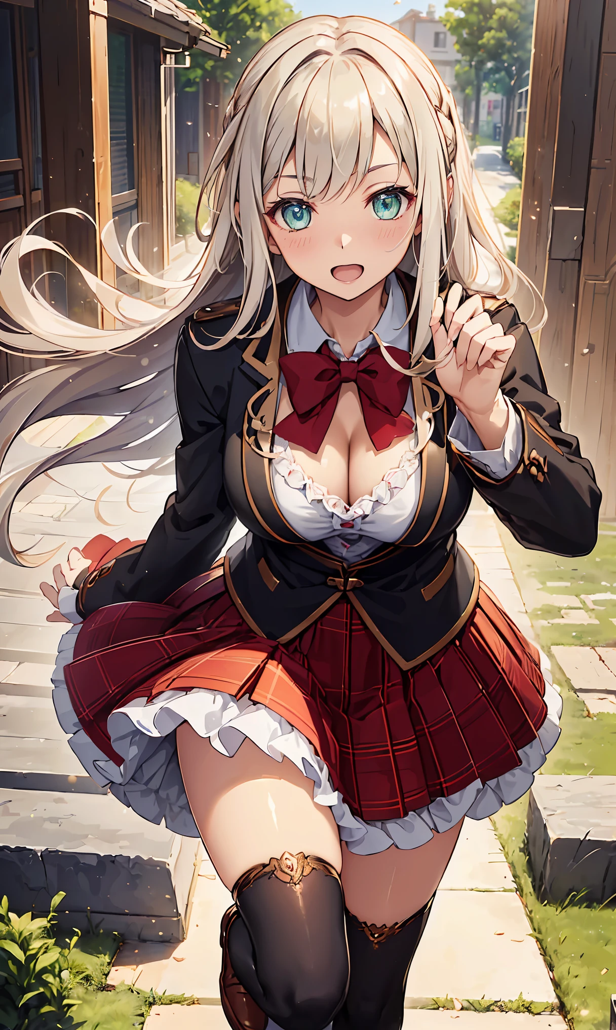 ((On campus, best quality, high resolution, Pixel Perfect, Depth of Field, 4K,))), 1 Girl, single, Solitary, Beautiful anime girl, Beautiful art style, Anime Characters, ((Long hair, Bangs, Dark brown hair, curls:0.8)), ((Green Eyes:1.4, Delicate eyes, beautiful eyes, Perfect eyes,Curled eyelashes, Realistic eyes)), ((Delicate face, blush:1.2)), ((Smooth texture:0.75, Realistic textures:0.5, Anime CG style)), Medium , Dynamic Angle, plump, Perfect body, Dynamic poses, ((Red bow tie, , Black jacket, Open jacket, Brown cardigan, White shirt, Black skirt, Plaid skirt,A little cleavag socks)), Smile, open mouth, Put your hands behind your back, lean forward, Armourment Park, ((close up, View))