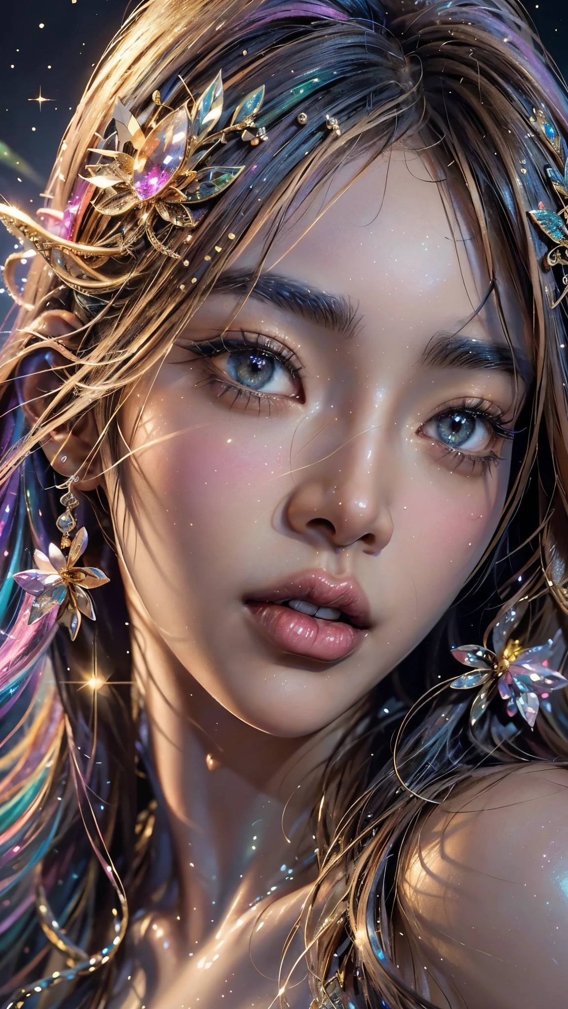 This is a highly detailed and semi-realistic fantasy art image with beautiful layers of shimmer, glimmering silks, and a glittering aesthetic. Create a beautiful and bold dragon woman. The woman resembles (((young Naomi Campbell))). She should have intricate and elegant horns, detailed and multi-colored scales, and a striking face. Her eyes are highly detailed with natural shading and realistic details. (((Her face is important and should be perfectly formed and high-res. Her eyes are important and should be beautiful and clear.))) Include small and ornate details like smaller dragons and bright feathers. Use soft pastel hues with unexpected pops of bright color. Use compelling composition techniques and dynamic facial expressions to create a cinematic and unforgettable atmosphere. (((masterpiece))), (((best quality))), ((ultra-detailed)), (highly detailed CG illustration)
