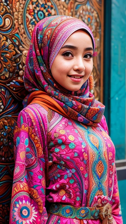 Create an outstanding hijab girl with batik dress, upper body,