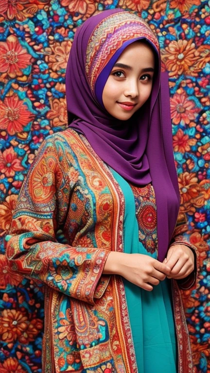 Create an outstanding hijab girl with batik dress, upper body,