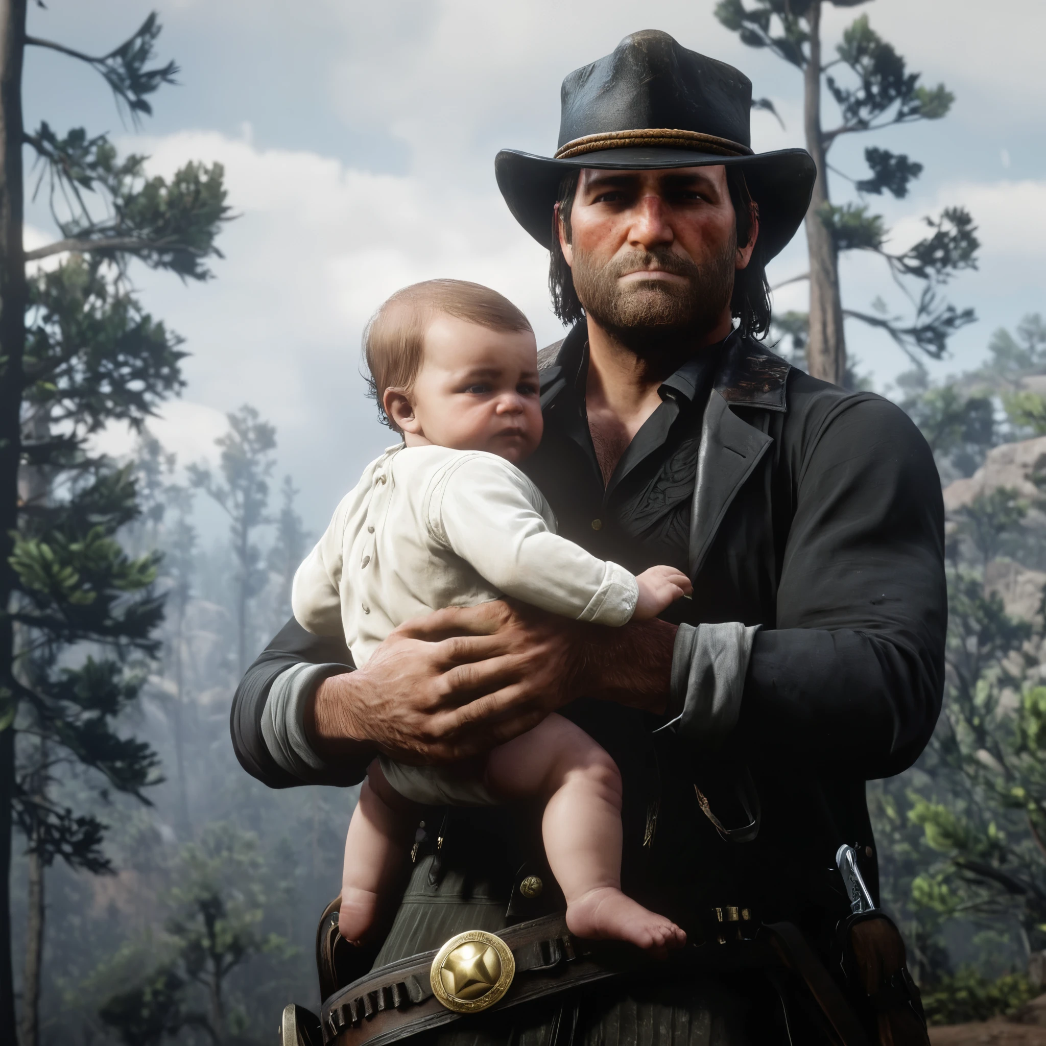 criar o arthur morgan do red dead 2, sozinho, em um cenario do velho oeste, com o clima, tempo, nublado com raios, holding a baby in your arms, enrolado em um tecido branco, com chapeu preto estilo cowboy