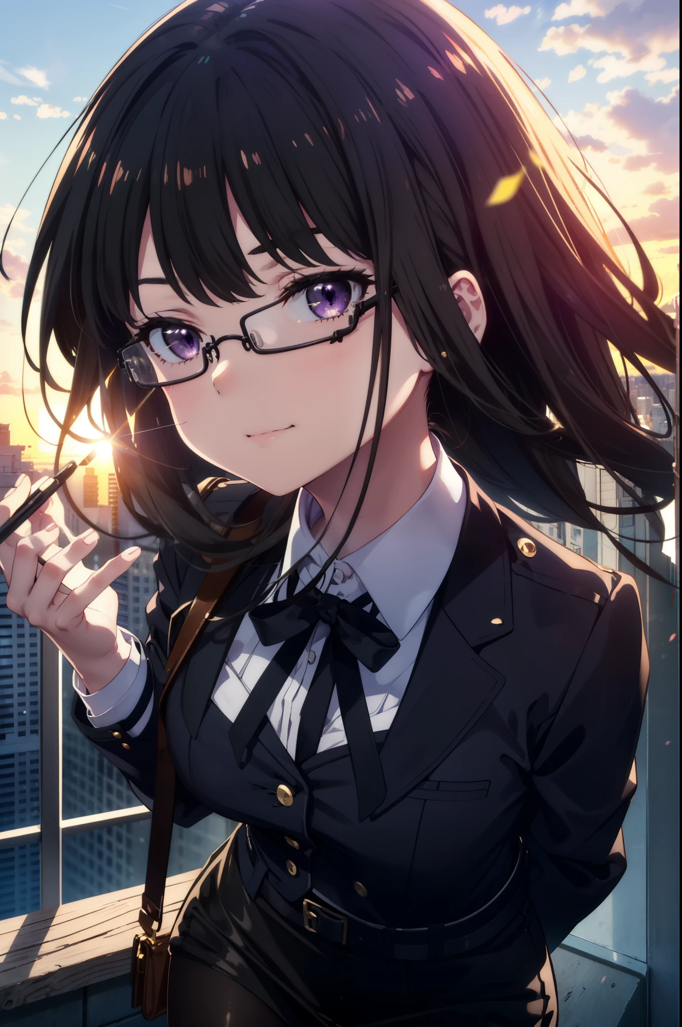 Takiuchi, Inoue Check, Long Hair, bangs, Black Hair, (Purple eyes:1.2),smile,
OL, Akagi Glasses, Black suit jacket, Collared jacket, White dress shirt, Collared shirt, Neckline, button, Black pencil skirt, Black Pantyhose,Stiletto heels,The sun is rising, break outdoors,city,area,シティストリート break looking at viewer, Upper Body,(Cowboy Shot:1.5), break (masterpiece:1.2), highest quality, High resolution, unity 8k wallpaper, (shape:0.8), (Beautiful details:1.6), Highly detailed face, Perfect lighting, Extremely detailed CG, (Perfect hands, Perfect Anatomy),
