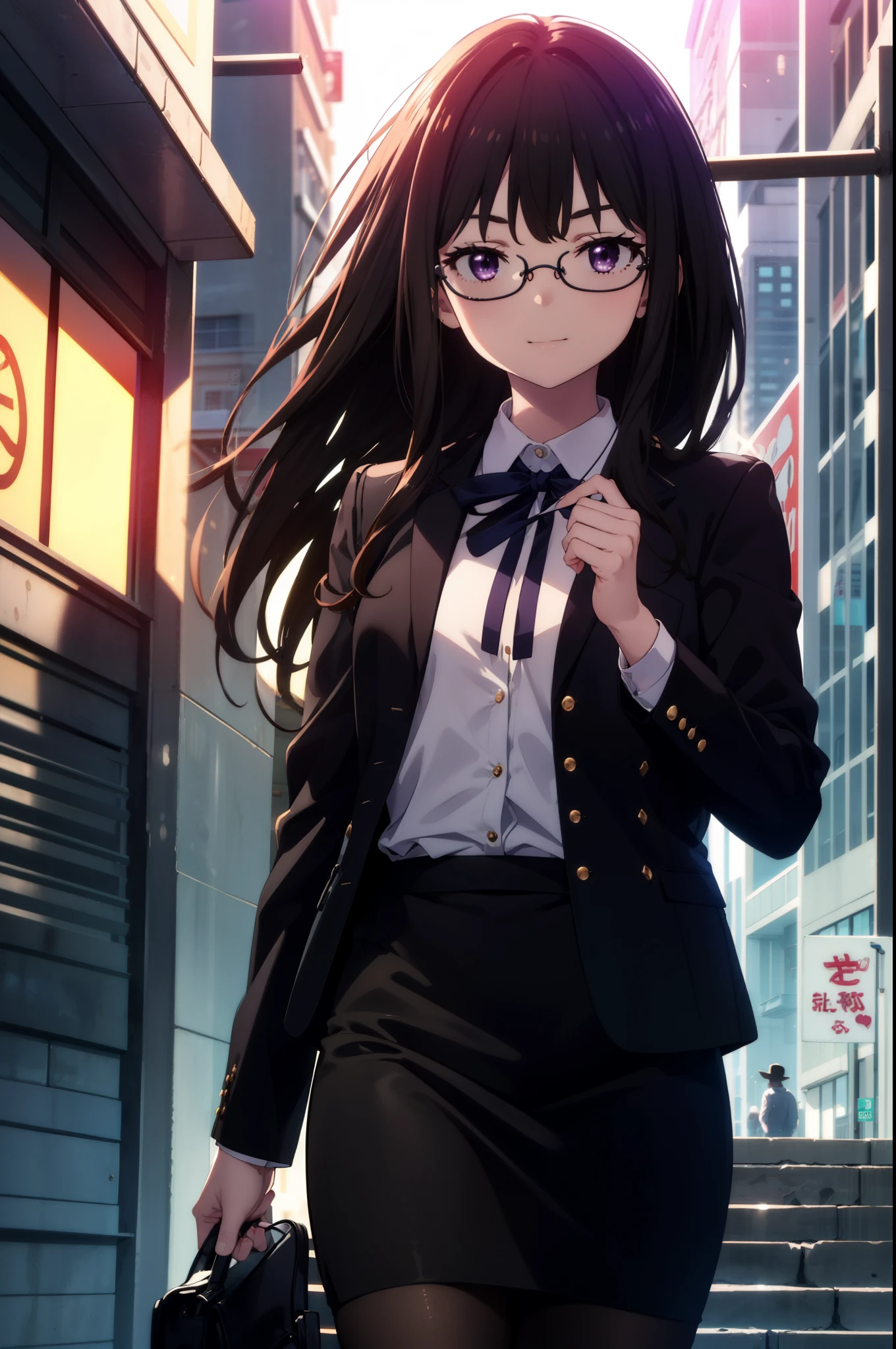 Takiuchi, Inoue Check, Long Hair, bangs, Black Hair, (Purple eyes:1.2),smile,
OL, Akagi Glasses, Black suit jacket, Collared jacket, White dress shirt, Collared shirt, Neckline, button, Black pencil skirt, Black Pantyhose,Stiletto heels,The sun is rising, break outdoors,city,area,シティストリート break looking at viewer, Upper Body,(Cowboy Shot:1.5), break (masterpiece:1.2), highest quality, High resolution, unity 8k wallpaper, (shape:0.8), (Beautiful details:1.6), Highly detailed face, Perfect lighting, Extremely detailed CG, (Perfect hands, Perfect Anatomy),