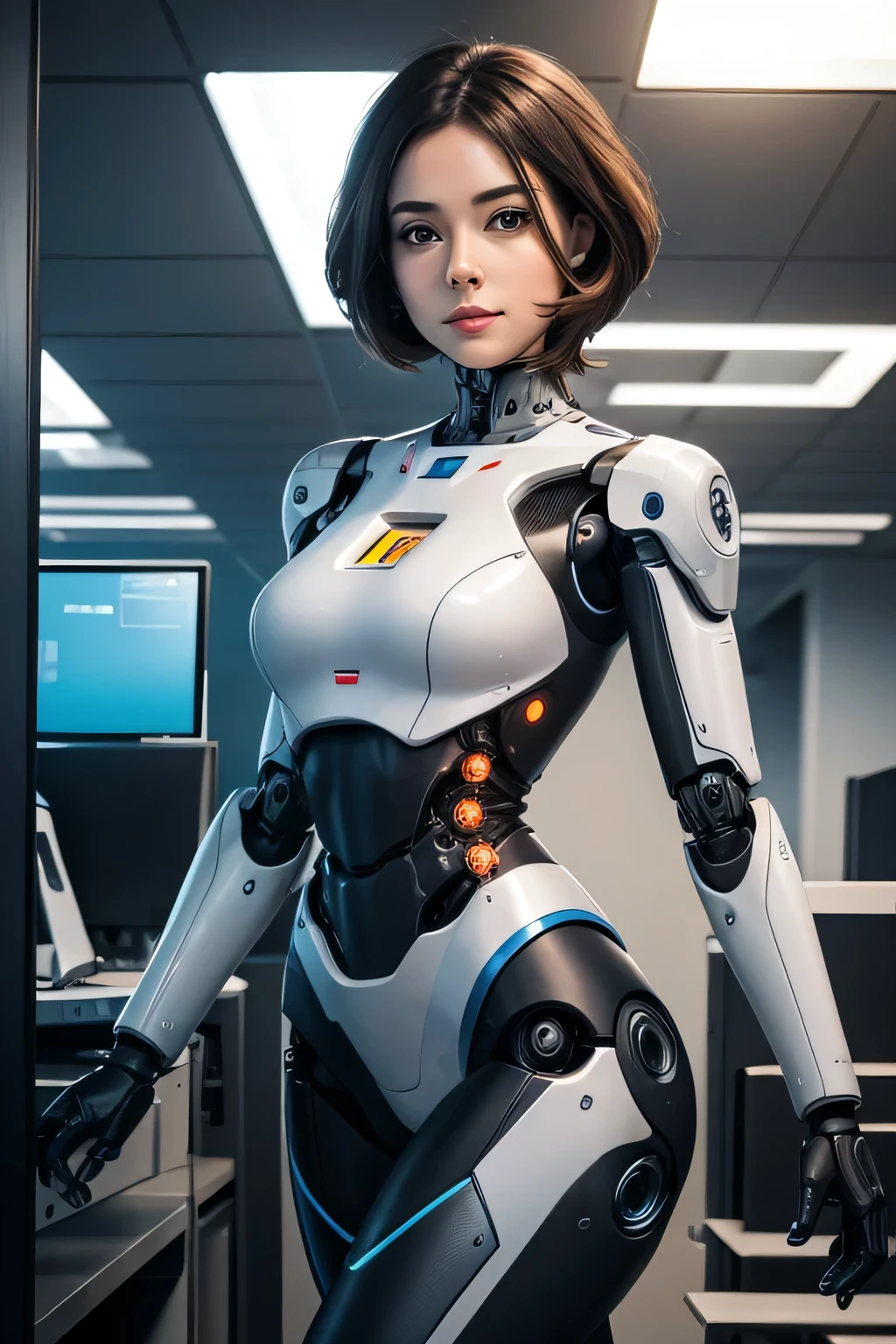 Female robot working in an office　Mechanical body　I&#39;m working on a computer　The background is the office, UHD, retina, masterpiece, ccurate, anatomically correct, textured skin, super detail, high details, high quality, award winning, best quality, highres