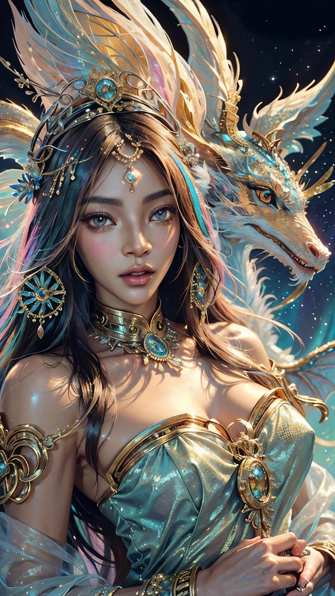 This is a highly detailed and semi-realistic fantasy art image with beautiful layers of shimmer, glimmering silks, and a glittering aesthetic. Create a beautiful and bold dragon woman. The woman resembles (((young Naomi Campbell))). She should have intricate and elegant horns, detailed and multi-colored scales, and a striking face. Her eyes are highly detailed with natural shading and realistic details. Include small and ornate details like smaller dragons and bright feathers. Use soft pastel hues with unexpected pops of bright color. Use compelling composition techniques and dynamic facial expressions to create a cinematic and unforgettable atmosphere. (((masterpiece))), (((best quality))), ((ultra-detailed)), (highly detailed CG illustration)
