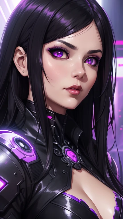 a close up of a woman in a black dress with purple eyes, dark fantasy style art, darksynth character portrait, with glowing red eyes, with purple glowing eyes, wlop | artgerm, cyberpunk dark fantasy, artgerm detailed, holy cyborg necromancer girl, dark fantasy portrait, artgerm portrait, ig model | artgerm