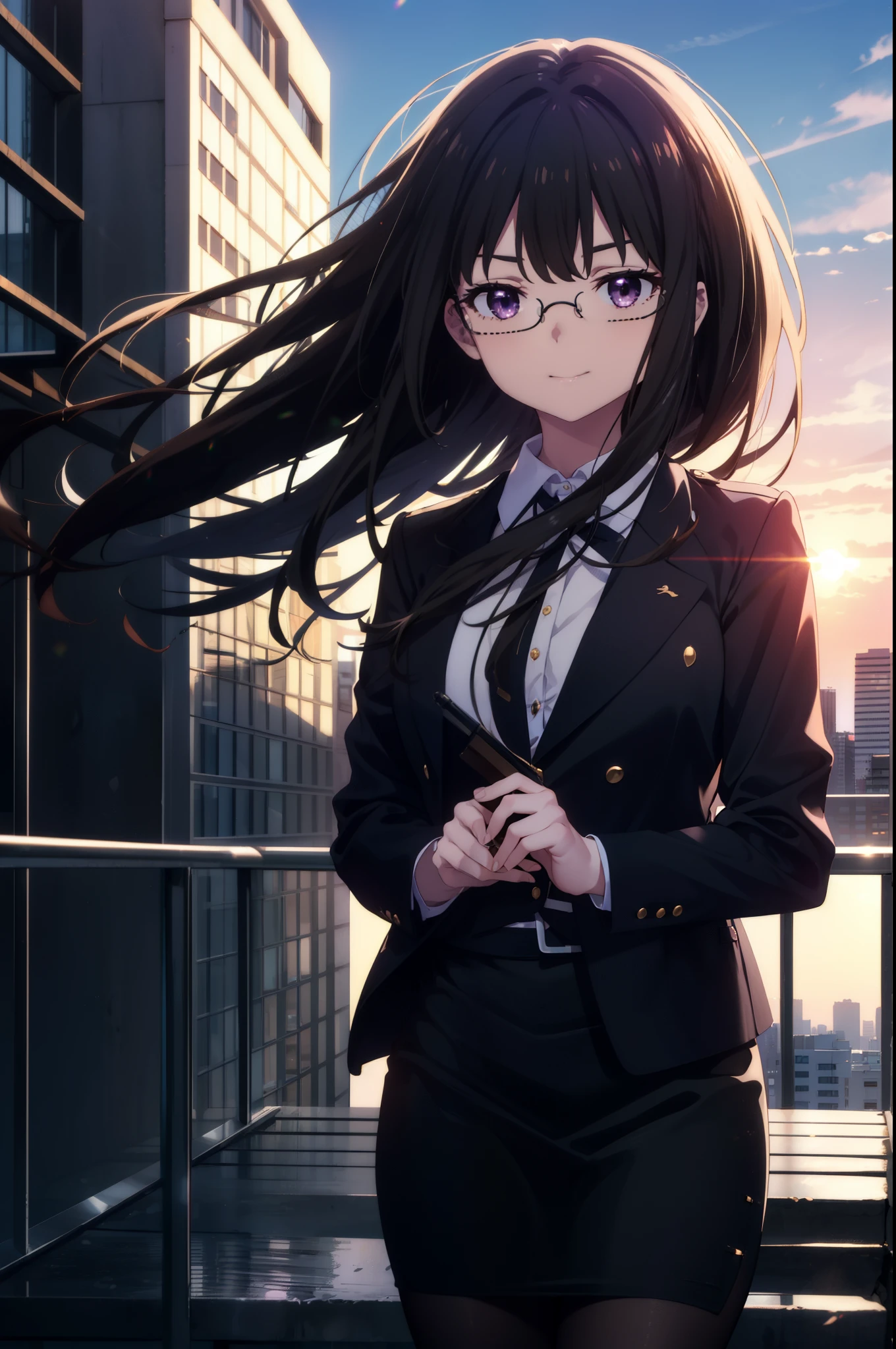 Takiuchi, Inoue Check, Long Hair, bangs, Black Hair, (Purple eyes:1.2),smile,
OL, Akagi Glasses, Black suit jacket, Collared jacket, White dress shirt, Collared shirt, Neckline, button, Black pencil skirt, Black Pantyhose,Stiletto heels,The sun is rising, break outdoors,city,area,シティストリート break looking at viewer, Upper Body,(Cowboy Shot:1.5), break (masterpiece:1.2), highest quality, High resolution, unity 8k wallpaper, (shape:0.8), (Beautiful details:1.6), Highly detailed face, Perfect lighting, Extremely detailed CG, (Perfect hands, Perfect Anatomy),