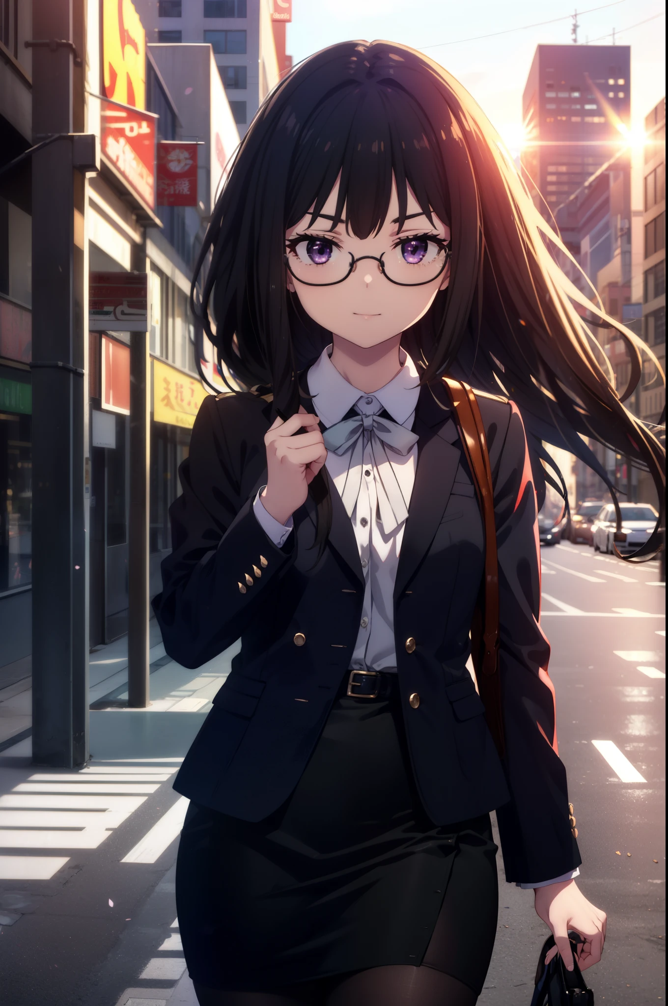 Takiuchi, Inoue Check, Long Hair, bangs, Black Hair, (Purple eyes:1.2),smile,
OL, Akagi Glasses, Black suit jacket, Collared jacket, White dress shirt, Collared shirt, Neckline, button, Black pencil skirt, Black Pantyhose,Stiletto heels,The sun is rising, break outdoors,city,area,シティストリート break looking at viewer, Upper Body,(Cowboy Shot:1.5), break (masterpiece:1.2), highest quality, High resolution, unity 8k wallpaper, (shape:0.8), (Beautiful details:1.6), Highly detailed face, Perfect lighting, Extremely detailed CG, (Perfect hands, Perfect Anatomy),