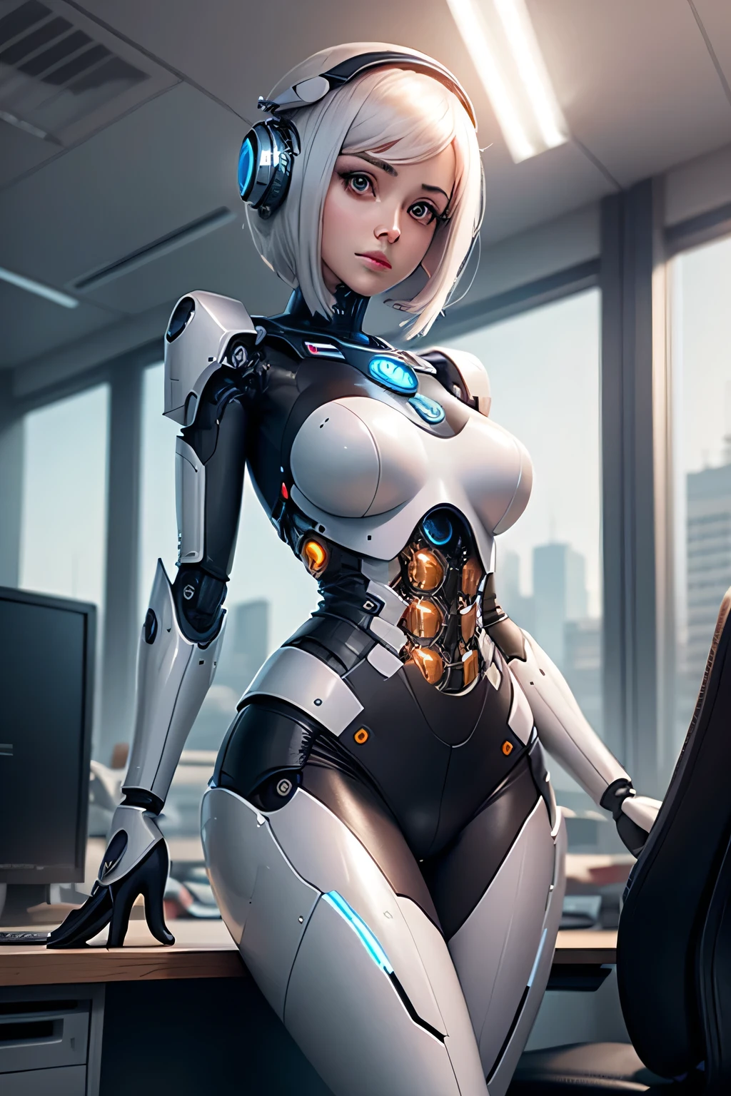 Female robot working in an office Mechanical body I'm working on a computer The background is the office, UHD, retina, masterpiece, ccurate, anatomically correct, textured skin, super detail, high details, high quality, award winning, best quality, highres