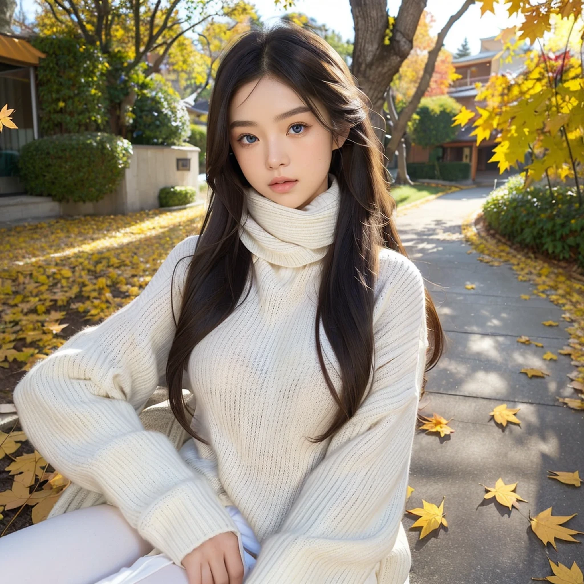 (masterpiece), best quality, ultra-detailed, illustration, warm lighting, soft lighting, bright colors, 1 girl, solo,( beautiful girl, long hair, blue eyes, ribbon, brown hair, hair between eyes, hair ribbon, sidelocks, very long hair, messy hair,) , autumn, many maple tree, maple leaves, golden leaves, fall foliage, Dried leaves, river,  crisp air,  peace, cool breeze , sweater weather,( wear white or brown sweater, red scarf, Moody fall, Wistful, Melancholy, sad ,worried, Longing,)