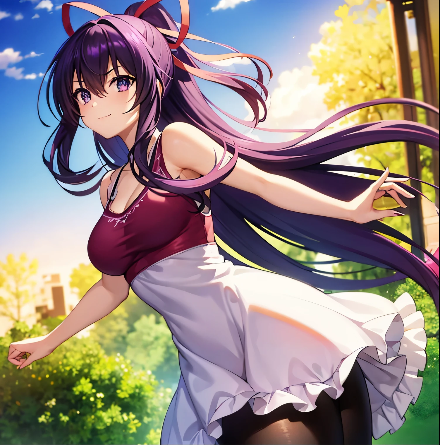 1girl, alone, tohka yatogami casual, long hair, purple hair, alluringly smile, classy red off shoulder blouses, red colour, plain red, knit fabric ,wide v neck, cold shoulder, off shoulders, short sleeve , necklace, ribbon , leggings, white leggings, tight pants (purple eyes:1.1), hair ribbon, ponytail, purple hair, white ribbon,g cup breasts, plump butt, at home, in living room, seducing pose , outdoors, city, people, crowd, sky, clouds, sun, blue sky, looking at viewer, (cowboy shot:1.5), (masterpiece:1.2), best quality, high resolution, unity 8k wallpaper, (illustration:0.8), (beautiful detailed eyes:1.6), extremely detailed face, perfect lighting, extremely detailed CG, (perfect hands, perfect anatomy),