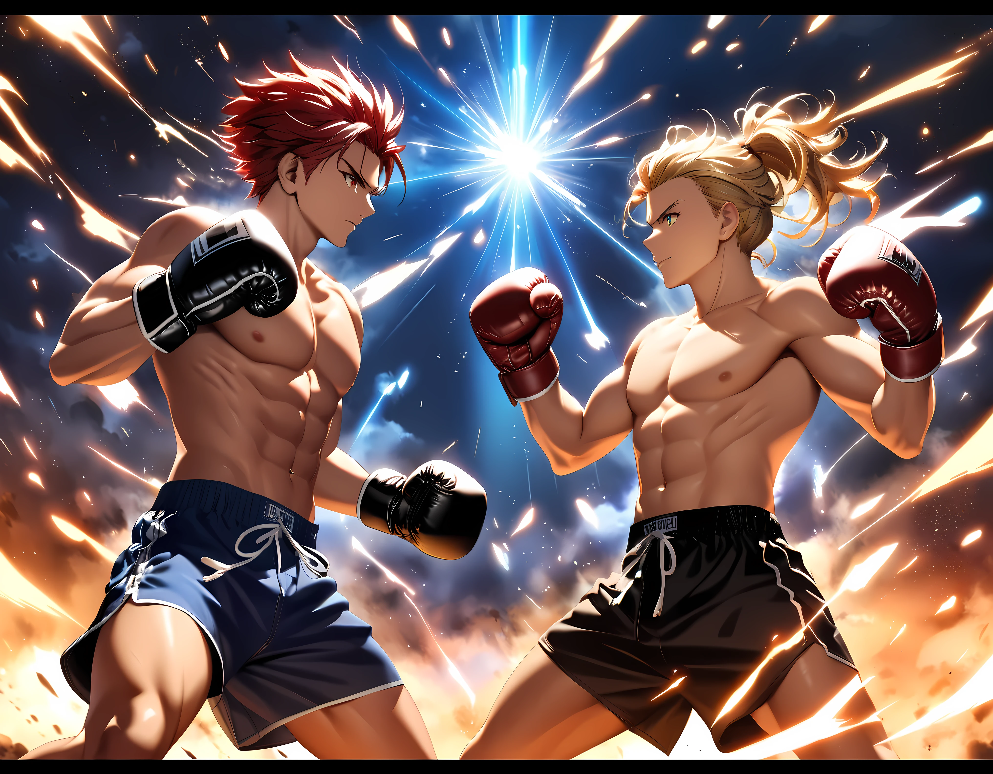 Title: "Epic Boxing Duel: Final Showdown"

Prompt:

1. Transport viewers to a climactic anime scene, where two formidable boxing athlete face off in a final boxing match night.

2. Envision the boxers wearing specialized boxing gloves.

3. Craft the scene with the distinct aesthetic of Stable Diffusion 1.5, emphasizing smooth transitions and fluid animations to enhance immersion.

4. Define the characters: one boxer a handsome blonde, the other in a fierce red hair.

5. Illustrate the boxers' movements with precision and grace, each gesture unleashing torrents of punch.

6. Illuminate the battlefield with dynamic lighting effects, casting dramatic shadows and highlights to heighten the intensity of the confrontation.

7. Introduce environmental elements such as flash lights and majestic lighting, adding depth and complexity to the match night ambiance.

8. Convey the fierce determination in the boxers' expressions as they unleash devastating punch upon each other, their eyes ablaze with unyielding resolve.

9. Showcase the versatility of the boxing gloves, as the boxers position their bodies in fighting stances.

10. Capture the ebb and flow of the battle with dynamic camera angles, drawing viewers into the heart of the boxing duel.

11. Ensure every frame is meticulously detailed, from the ornate designs of the boxing gloves to the mesmerizing patterns of the fighting ring.

12. Optimize the animation for Stable Diffusion 1.5, ensuring the highest quality and visual fidelity to deliver an unforgettable final showdown scene.