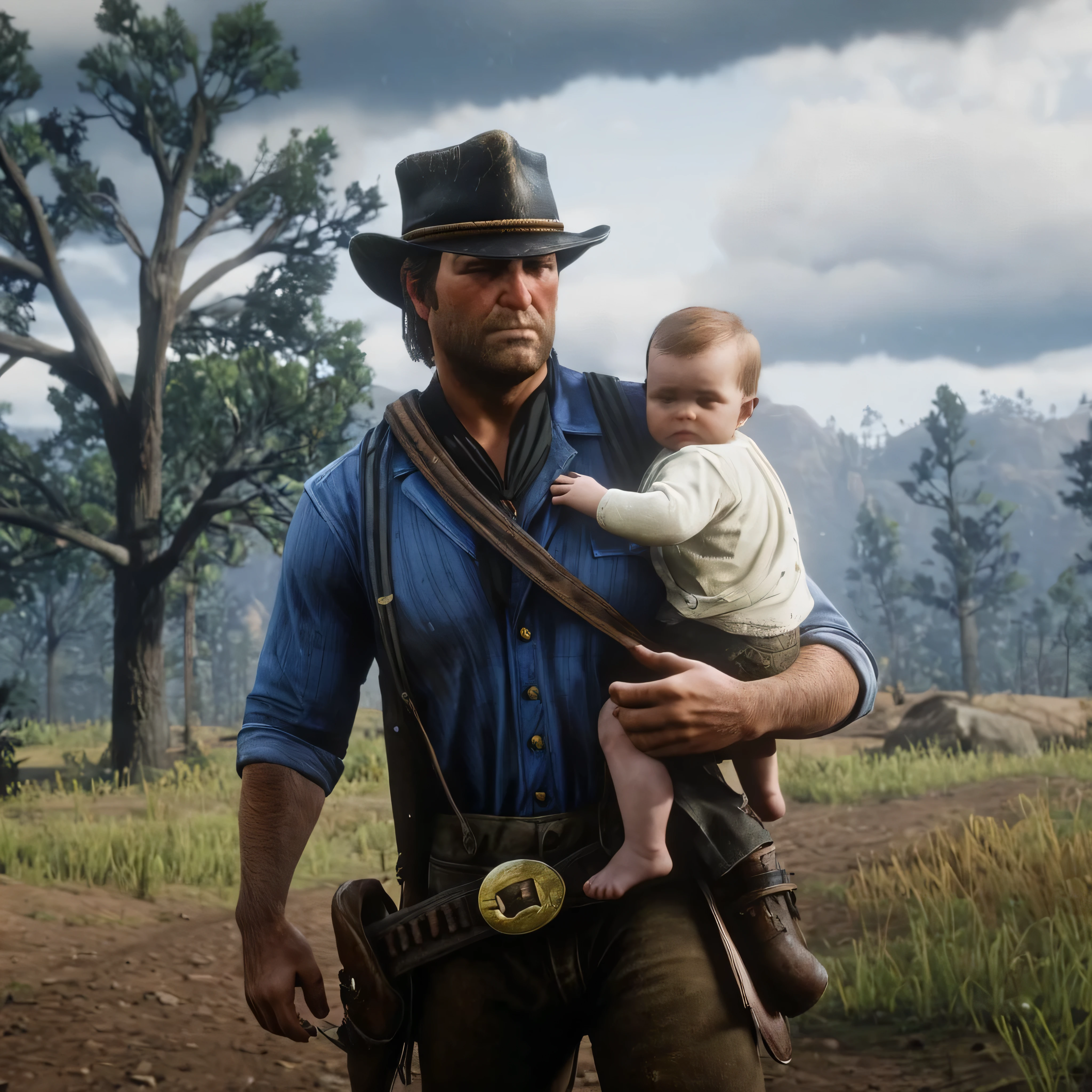 criar o arthur morgan do red dead 2, sozinho, em um paisagem do velho oeste com o clima tempo nublado com raios com nuvens de chuva, holding a baby in your arms, enrolado em um tecido branco, com chapeu preto estilo cowboy