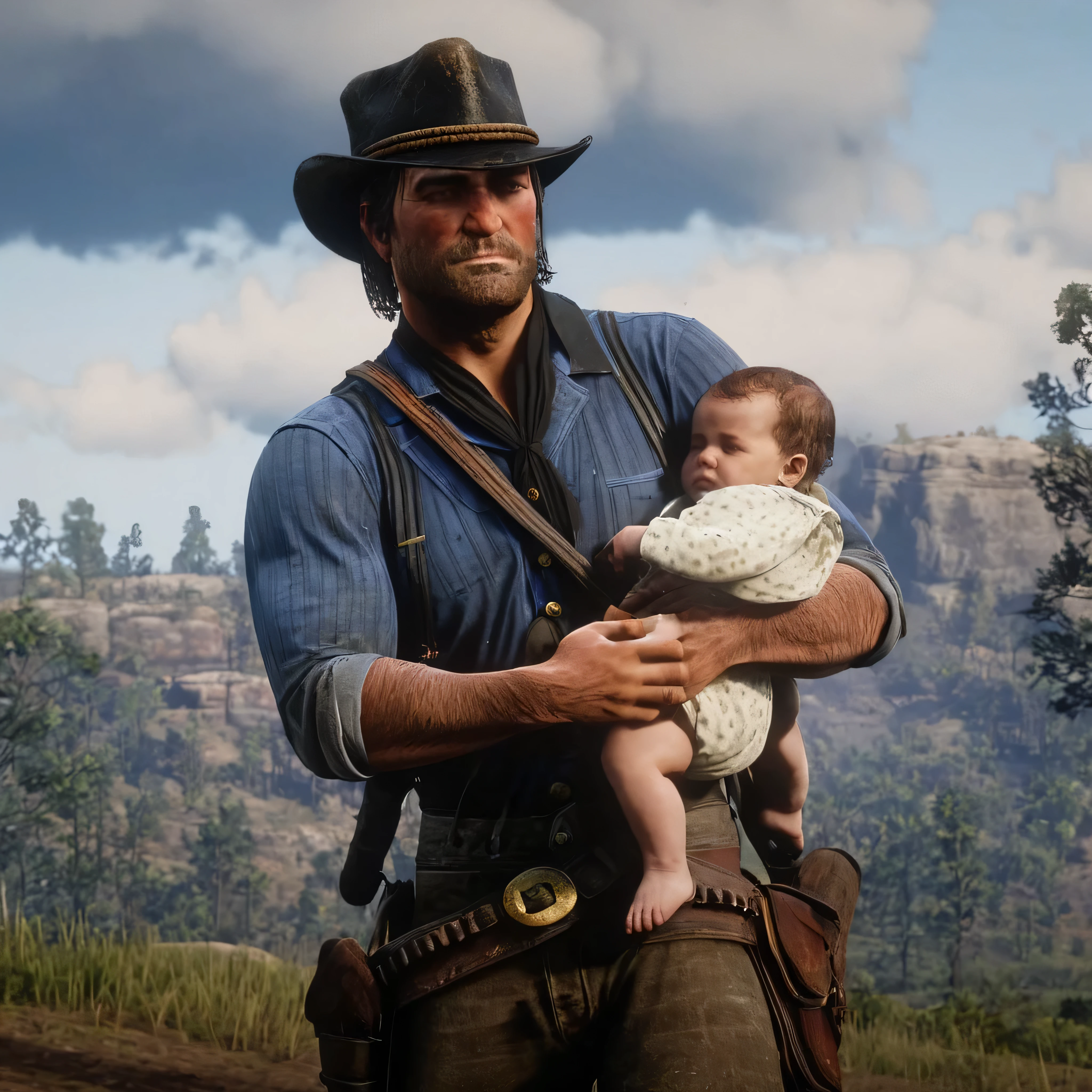 criar o arthur morgan do red dead 2, sozinho, em um paisagem do velho oeste com o clima tempo nublado com raios com nuvens de chuva, holding a baby in your arms, enrolado em um tecido branco, com chapeu preto estilo cowboy