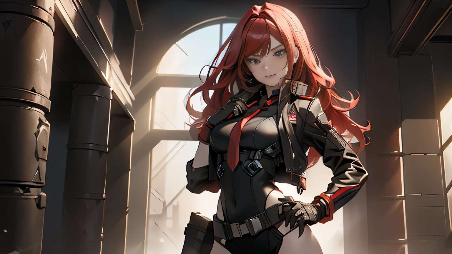 ((Best quality)), ((masterpiece)), (detailed:1.4), 3D, an image of a beautiful cyberpunk female, long burning red hair, burning hair, light brown eyes, red Barret, Black Soldier Shirt, Black under cloth, black panty, Grenade belt, Big chest, Big thigh, High thigh black knee sock, full view of girl, battlefield background, black combat boot, red necktie, black glove, black combat suit, black jacket, black cloak, black panty, ammo belt, HDR (High Dynamic Range),Ray Tracing,NVIDIA RTX,Super-Resolution,Unreal 5,Subsurface scattering,PBR Texturing,Post-processing,Anisotropic Filtering,Depth-of-field,Maximum clarity and sharpness,Multi-layered textures,Albedo and Specular maps,Surface shading,Accurate simulation of light-material interaction,Perfect proportions,Octane Render,Two-tone lighting,Wide aperture,Low ISO,White balance,Rule of thirds,8K RAW,