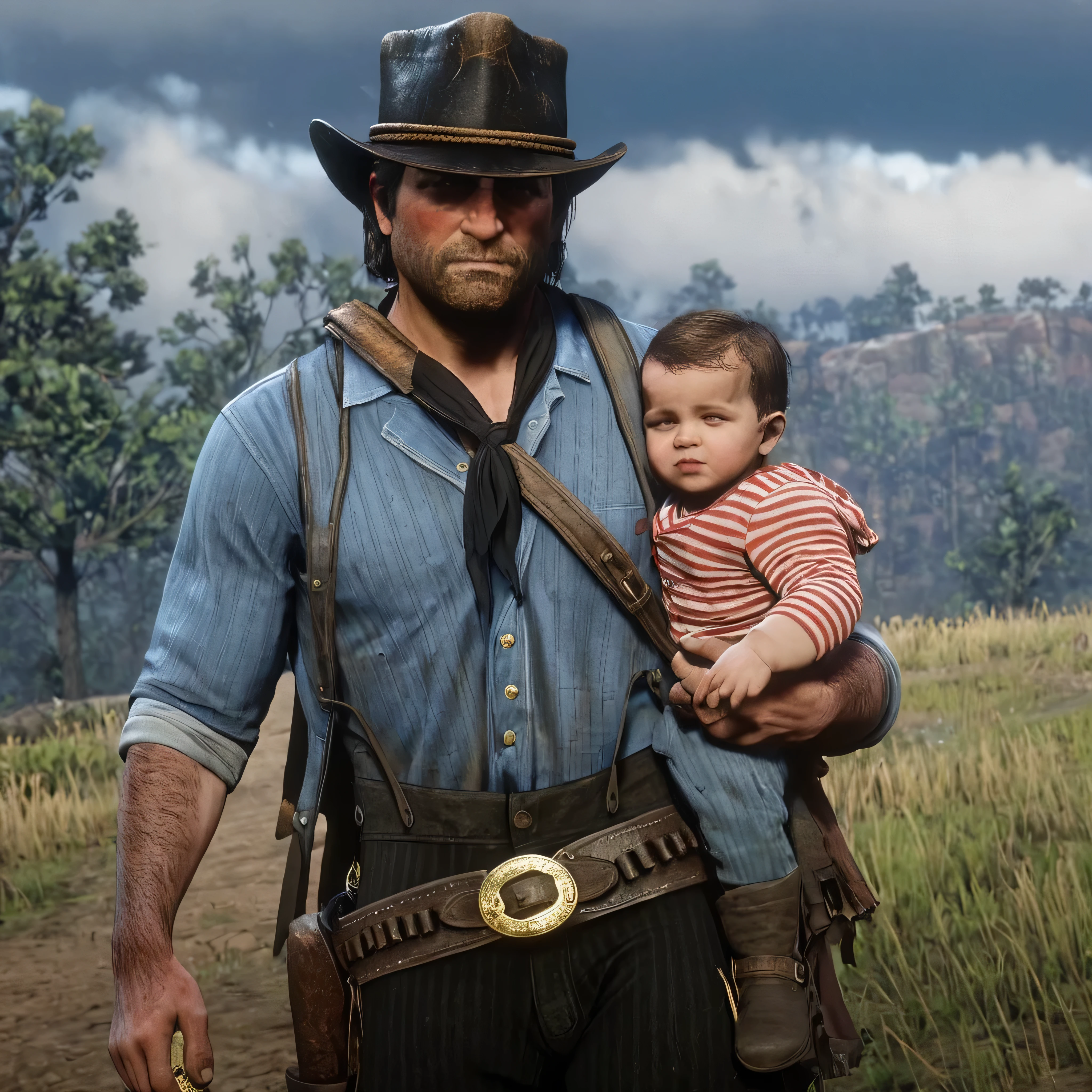 criar o arthur morgan do red dead 2, sozinho, em um paisagem do velho oeste com o clima tempo nublado com raios com nuvens de chuva, holding a baby in your arms, enrolado em um tecido branco, com chapeu preto estilo cowboy