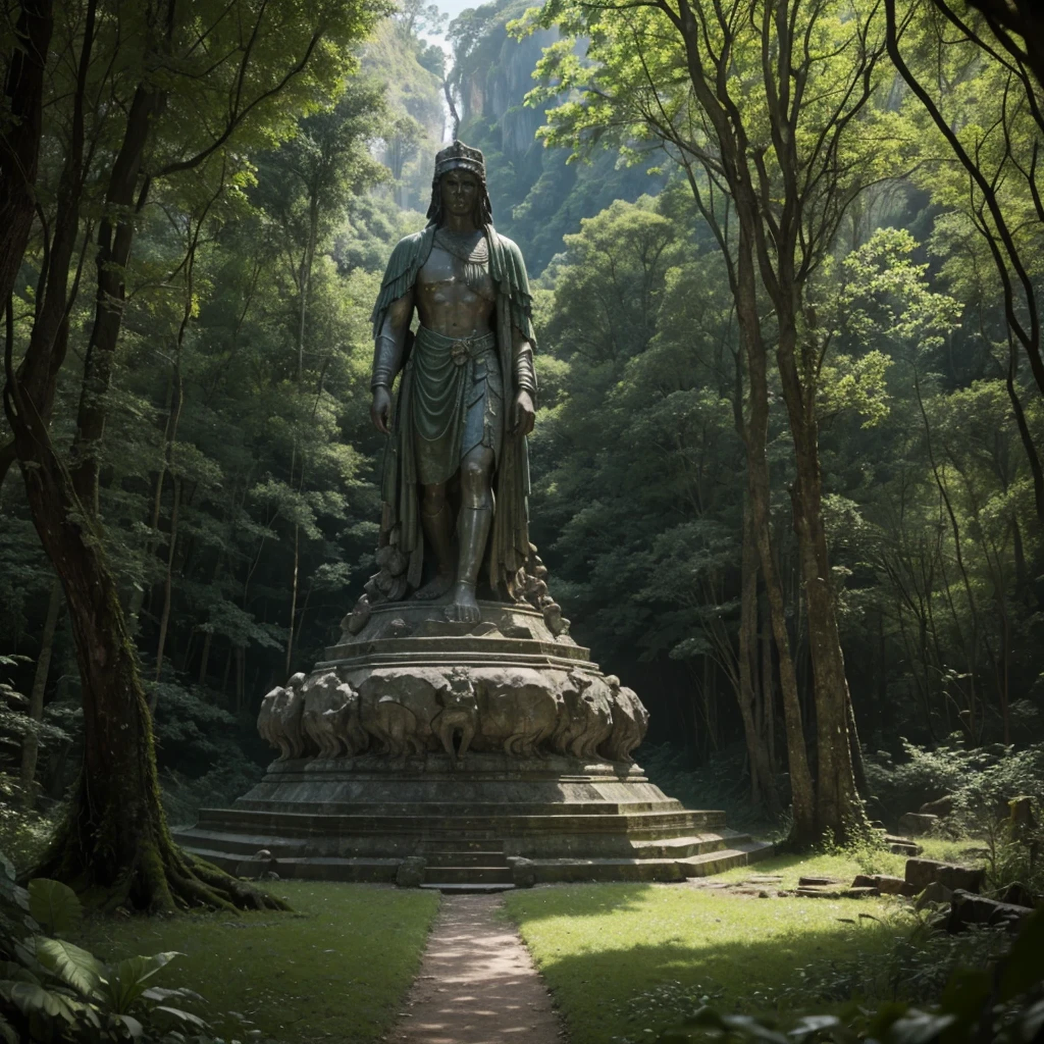 there is a stone statue in the middle of a forest, unreal maya, promotional movie still, by Simon de Vlieger, ruins, by Víctor Manuel García Valdés, aspect ratio 16:9, ps 3 graphics, quetzal, cinema still, filmstill, inspired by James Cadenhead