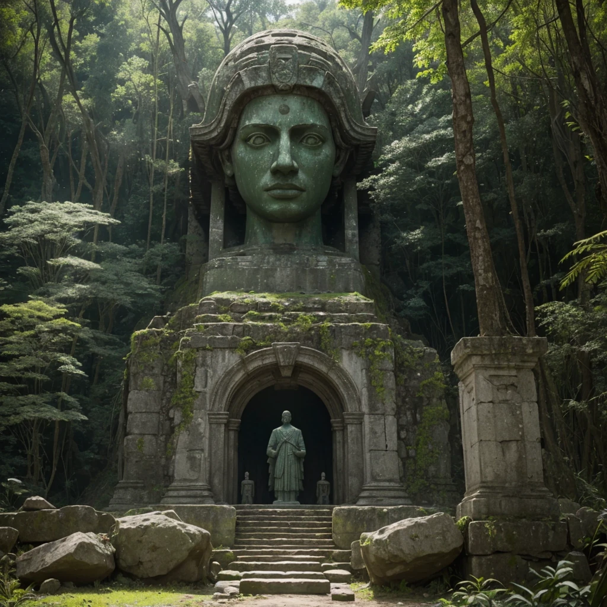 there is a stone statue in the middle of a forest, unreal maya, promotional movie still, by Simon de Vlieger, ruins, by Víctor Manuel García Valdés, aspect ratio 16:9, ps 3 graphics, quetzal, cinema still, filmstill, inspired by James Cadenhead