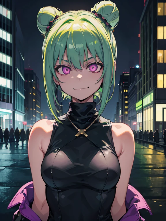 (highres), (detailed), close-up,1 girl, alone, medium hair, pastel green hair, twin buns, evil smile, glowing eyes, violet eyes, round black sunglasses on head, black sleeveless turtleneck top, green shorts, dark brown boots, night, dark, buildings background
