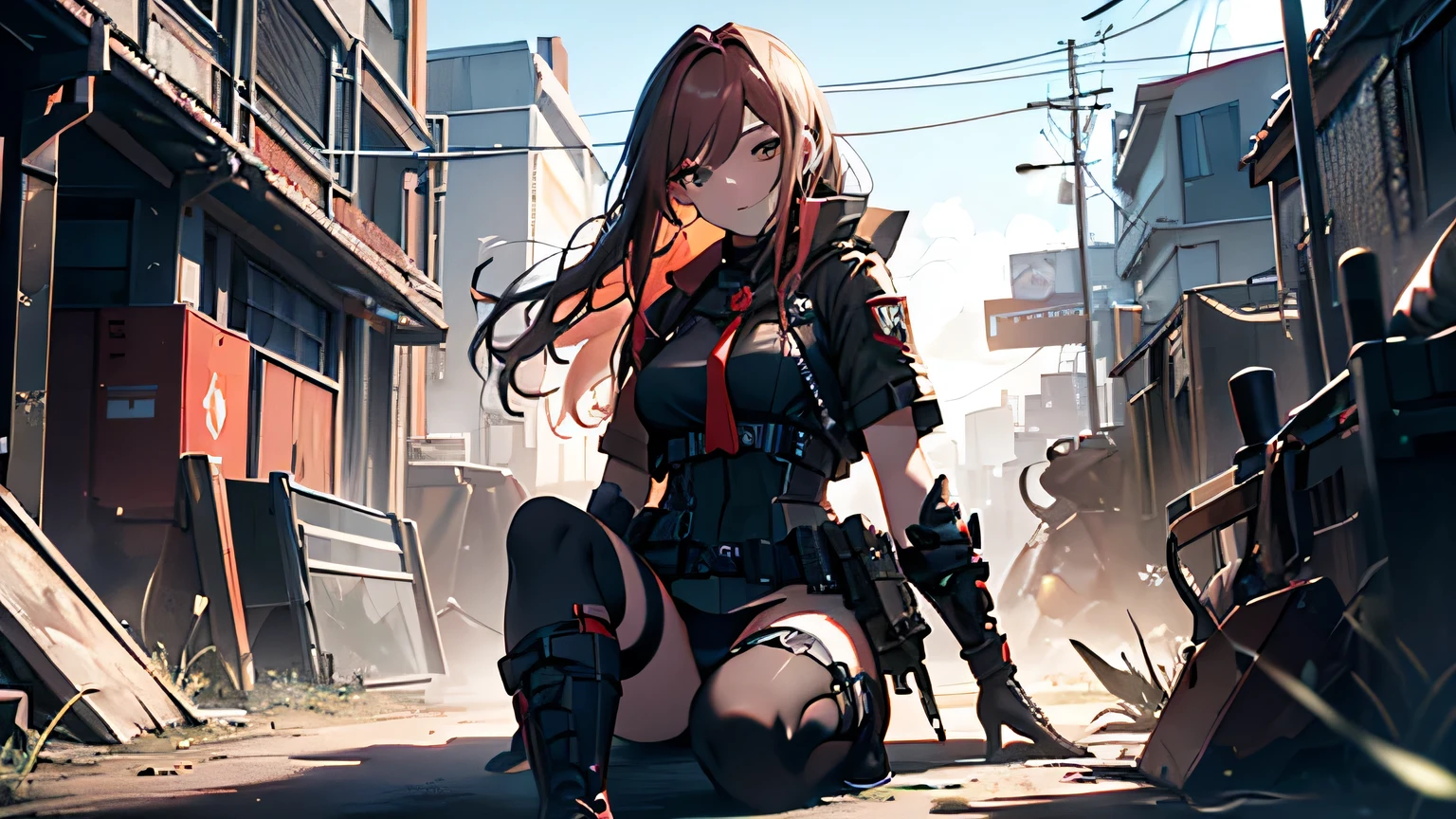 ((Best quality)), ((masterpiece)), (detailed:1.4), 3D, an image of a beautiful cyberpunk female, long burning red hair, burning hair, light brown eyes, Sharp eyes, Detailed Eyes, red Barret, Black Soldier Shirt, Black under cloth, black panty, Grenade belt, Big chest, Big thigh, High thigh black knee sock, full view of girl, black combat boot, red necktie, black glove, black combat suit, black jacket, black cloak, black panty, ammo belt, sitting on swinging chair, wide grassland as background, bright sky, evening time, outside, weapon, Barretta, Battle Rifle , 8k, high res,rapi nikke, HDR (High Dynamic Range),Ray Tracing,NVIDIA RTX,Super-Resolution,Unreal 5,Subsurface scattering,PBR Texturing,Post-processing,Anisotropic Filtering,Depth-of-field,Maximum clarity and sharpness,Multi-layered textures,Albedo and Specular maps,Surface shading,Accurate simulation of light-material interaction,Perfect proportions,Octane Render,Two-tone lighting,Wide aperture,Low ISO,White balance,Rule of thirds,8K RAW,