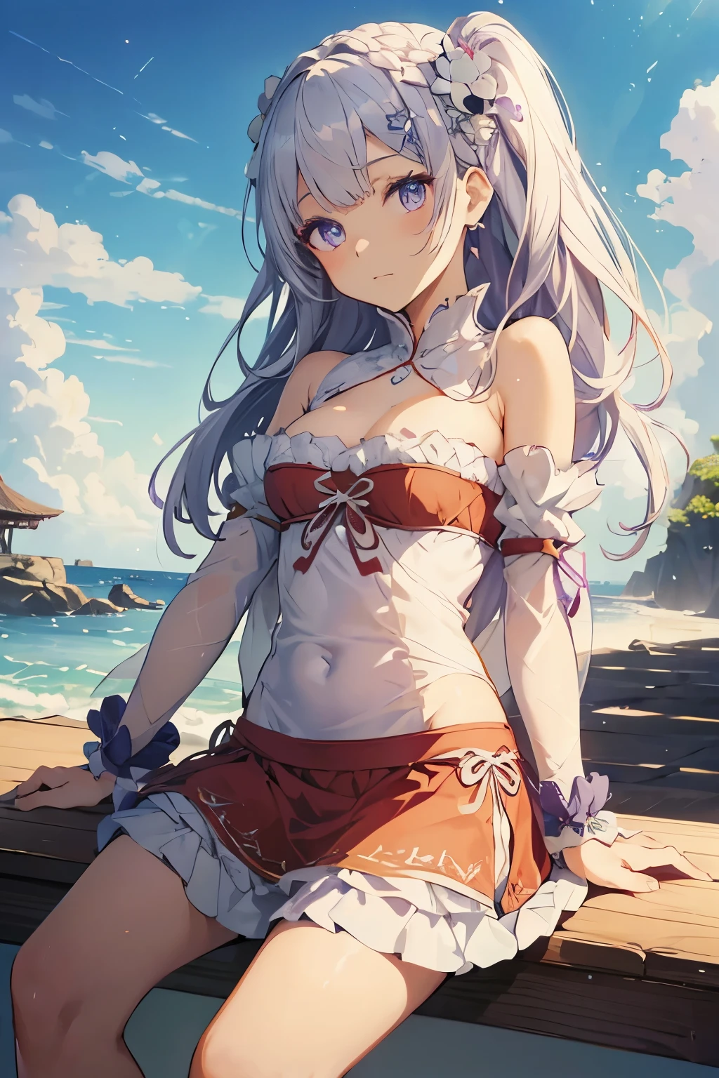Emilia re:zero, purple eyes, Emilia, crown braid, x hair ornament, flower hair ornament, white hair, long hair, medium breasts, (table top, highest quality:1.4), (Super detailed:1.2), {figure,like a painting}, {studio light, like a painting}, [best shadow], (Konishi CSA:1.2)_(Jiutiaozi:1.05), (Alpha CDE:1.3)_(Gamma CDE:1.15), break (perfect anatomy), (symmetrical eyes, Super detailed eyes, beautiful eyes), (sharp eyeliner, Super detailed face, beautiful face), Destruction of a nice hand, perfect hand, Guido Daniele&#39;s hand, break 1girl, alone, hair ribbon, (one piece) work, (Bright colors) bikini, bikini, (bikini) , (hand) Scrunchie, (jewelry) Hand Scrunchie, clavicle, bare shoulders, belly button, barefoot, break looking at viewer, cowboy shot, towards the audience, smile, open your mouth, (outdoor, beach, sky porn), break