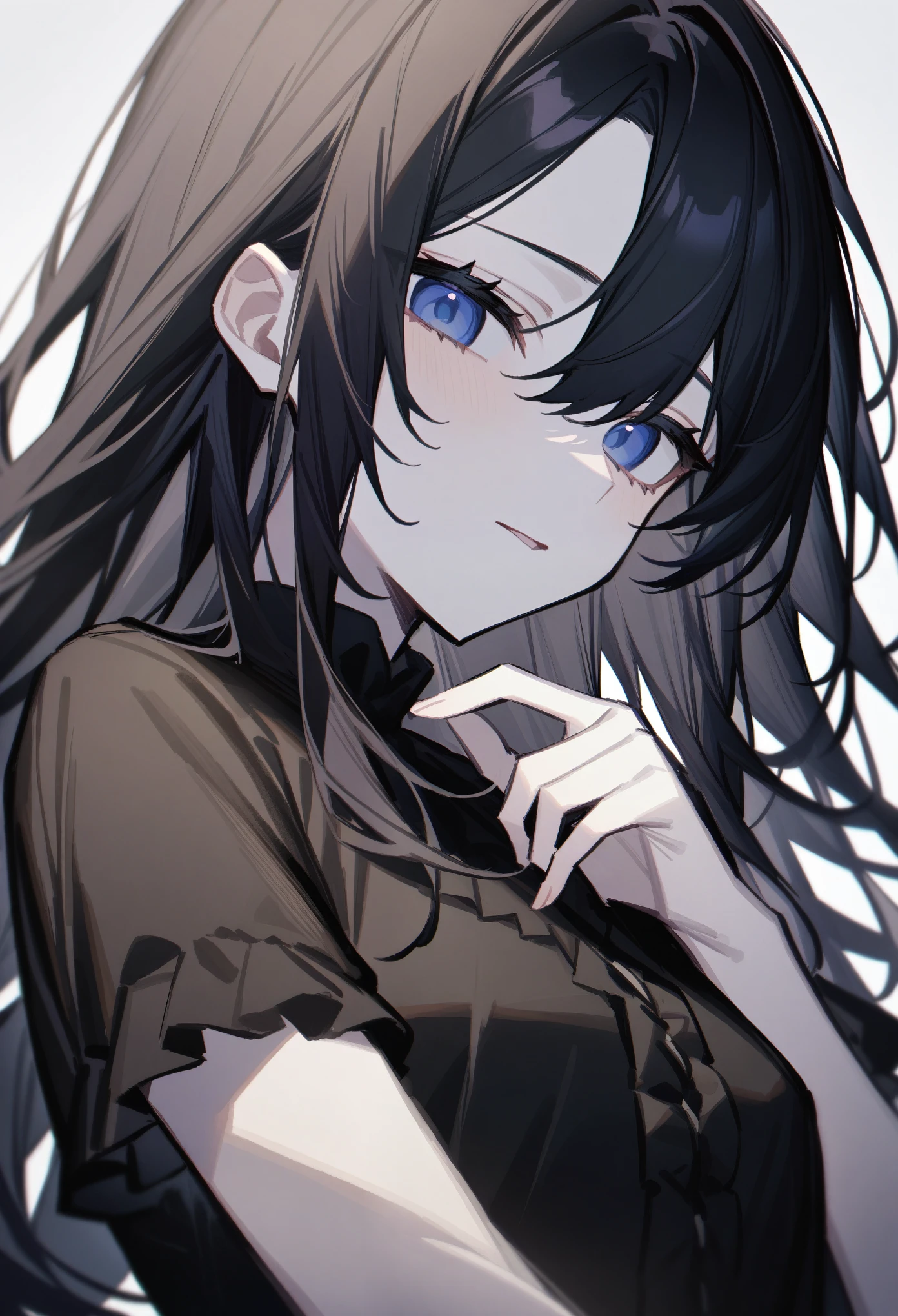 masterpiece, (by coyucom:1.3), 1girl, masterpiece, best quality, very aesthetic, absurdres, ultra-detailed, rating_general, upper body, score_9, score_8_up, score_7_up, front, black hair, long hair, (parted bangs), dark blue eyes, innexpressive, pale skin, small breasts, upper body, victorian fashion, black dress, frilled dress, short sleeves, a single hand stroking her own chin, delicate hand, white background background, best quality
