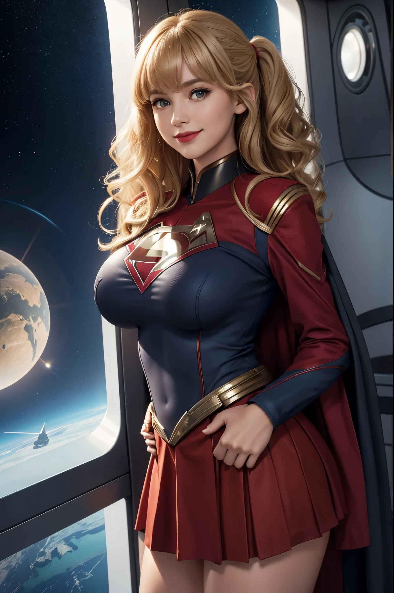 Supergirl, 27 years old, full body view, full body view, full body view, Beautiful woman shoulder length curly blonde hair, two side up with bangs, ringlets, shoulder length curly blonde hair with bangs, two side up, ringlets, shoulder length curly blonde hair with bangs, two side up, ringlets, defined body, (large_breasts:1.5) Red lipstick, smiling slightly, hands free, standing facing camera, (( starfleet red officers uniform with skirt)), starship observation lounge overlooking planet below (curvy:1.2)