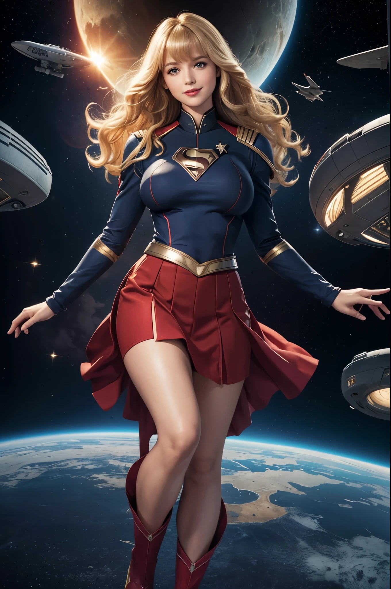 Supergirl, 27 years old, full body view, full body view, full body view, Beautiful woman shoulder length curly blonde hair, two side up with bangs, ringlets, shoulder length curly blonde hair with bangs, two side up, ringlets, shoulder length curly blonde hair with bangs, two side up, ringlets, defined body, (large_breasts:1.5) Red lipstick, smiling slightly, hands free, standing facing camera, (( starfleet red officers uniform with skirt)), starship observation lounge overlooking planet below (curvy:1.2)