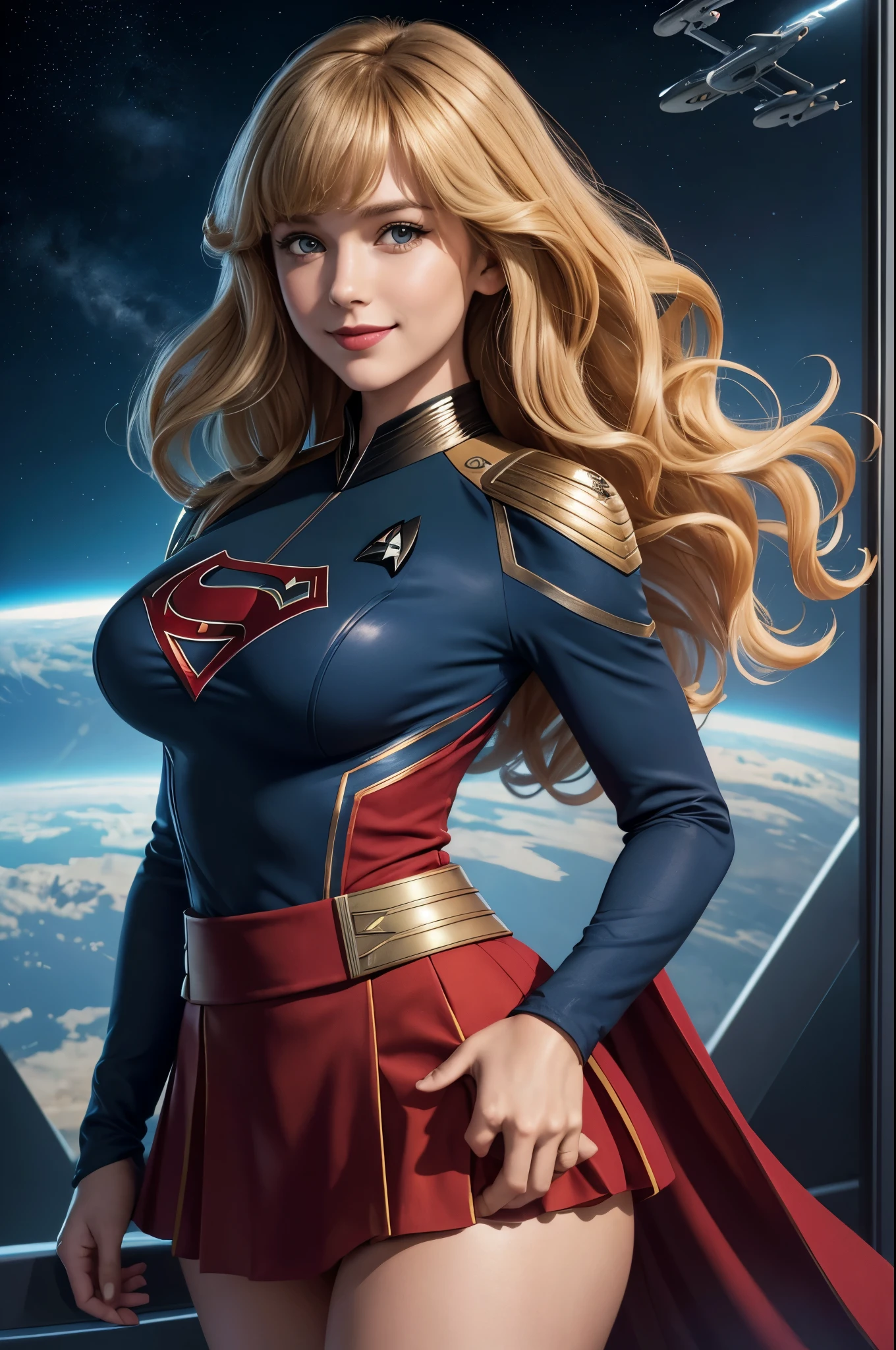 Supergirl, 27 years old, full body view, full body view, full body view, Beautiful woman shoulder length curly blonde hair, two side up with bangs, ringlets, shoulder length curly blonde hair with bangs, two side up, ringlets, shoulder length curly blonde hair with bangs, two side up, ringlets, defined body, (large_breasts:1.5) Red lipstick, smiling slightly, hands free, standing facing camera, (( starfleet red officers uniform with skirt)), starship observation lounge overlooking planet below (curvy:1.2)
