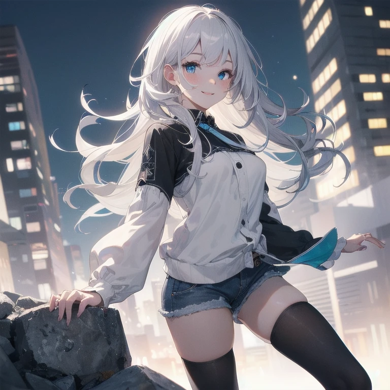 (Masterpiece, Best quality, ultra high resolution), 1 girl, Silver hair, Pale skin, Beautiful detailed face, Detailed eyes, posing on a, On a white background, Dynamic lighting, dynamic shadowing, looking at viewer, White stone punk fashion,(Posing for a photo),((White clothes)), (((black thigh highs))), jean shorts, skirt, white sweater, ((Blue eyes)), happy, smiling, black straps, black strap design, ((Long white hair)), energetic, cheerful, cityscape background, (((long black sleeves))), ((long black sleeves)), black sleeves