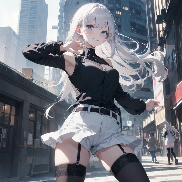(Masterpiece, Best quality, ultra high resolution), 1 girl, Silver hair, Pale skin, Beautiful detailed face, Detailed eyes, posing on a, On a white background, Dynamic lighting, dynamic shadowing, looking at viewer, White stone punk fashion,(Posing for a photo),((White clothes)), (((black thigh highs))), jean shorts, skirt, white sweater, ((Blue eyes)), happy, smiling, black straps, black strap design, ((Long white hair)), energetic, cheerful, cityscape background, (((long black sleeves))), ((long black sleeves)), black sleeves
