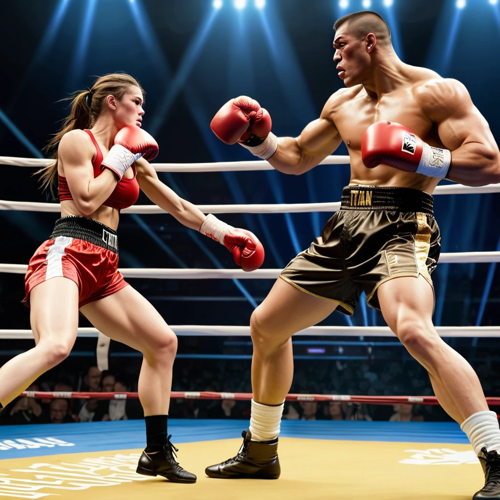 A weak female boxer versus a huge titan male boxer in a big boxing ring stage.